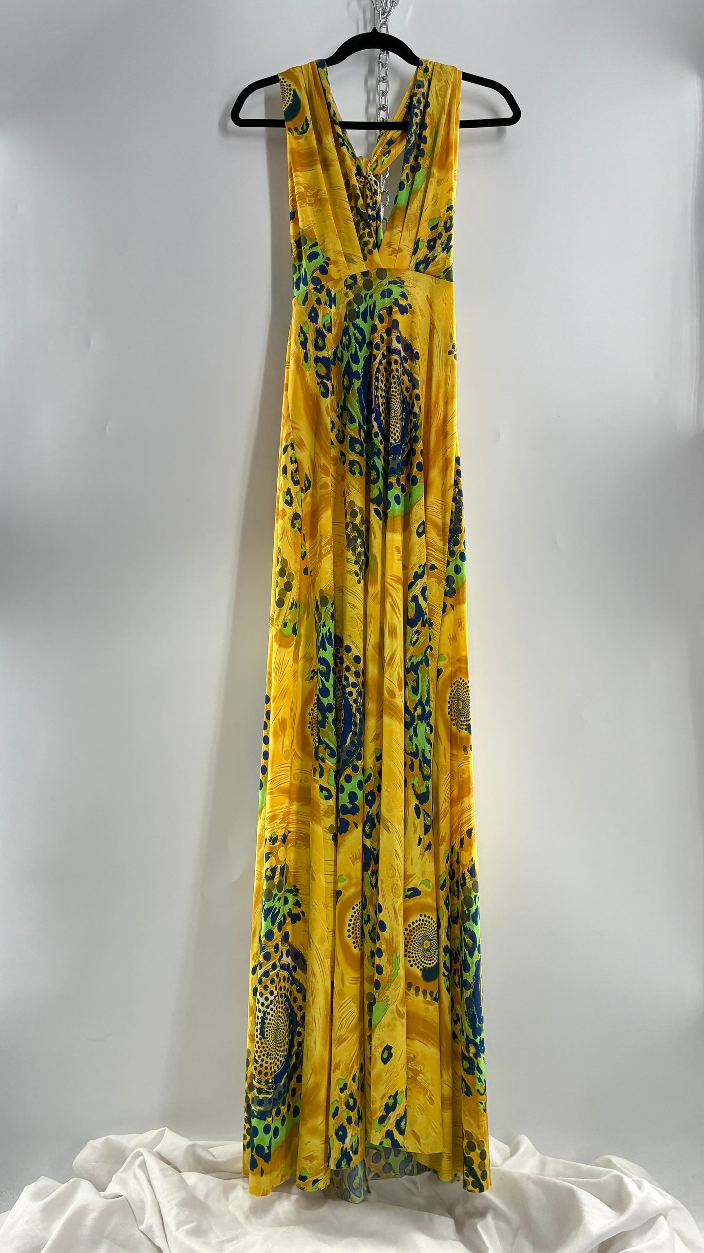 Vintage NARCISA LANG Lycra Full Length, Backless Yellow Dress with Graphic Pattern (XS/S)