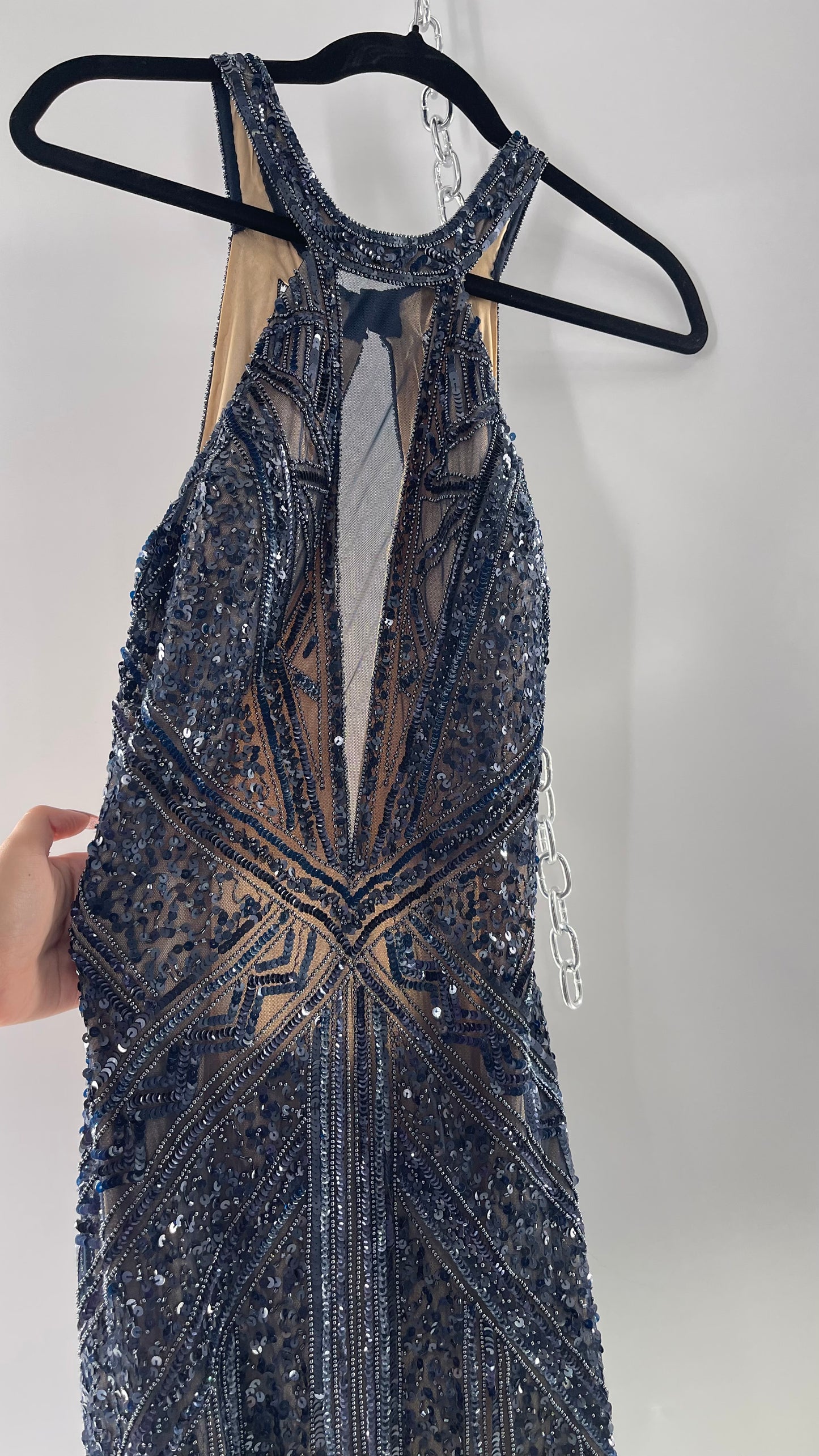 Vintage SCALA Navy Blue Beaded Floor Length Gown with Plunging Neckline, Backless Detail, and Tan Underlay (C)(4)