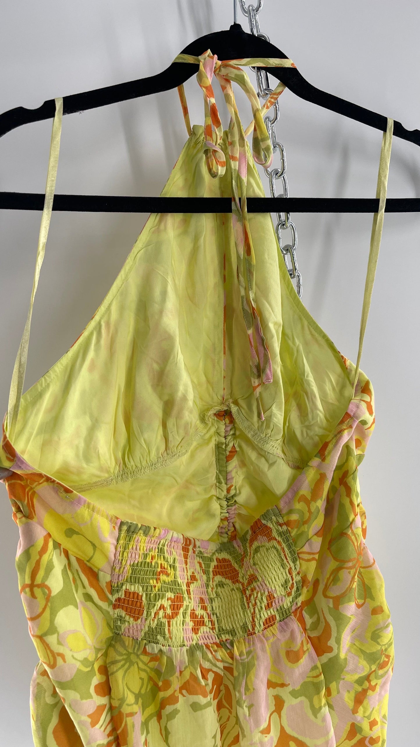 Free People Lime Green and Yellow Ruched Blouse with Cut Out Bust, Adjustable Scrunched Torso and Tie Neck Tank (XS)