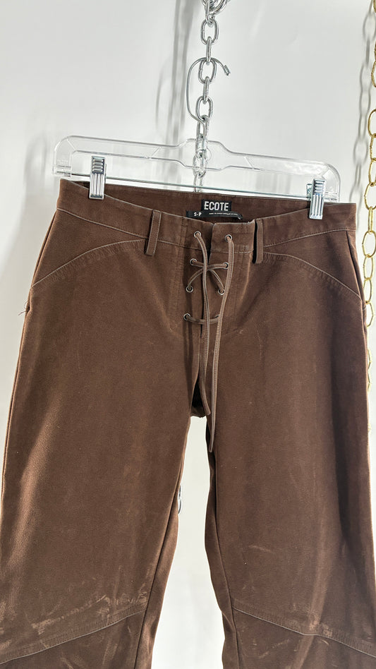 Vintage ECOTE Vegan Leather Velour Brown Lace Up Closure, Low Rise, Boot Leg Pants (Small)