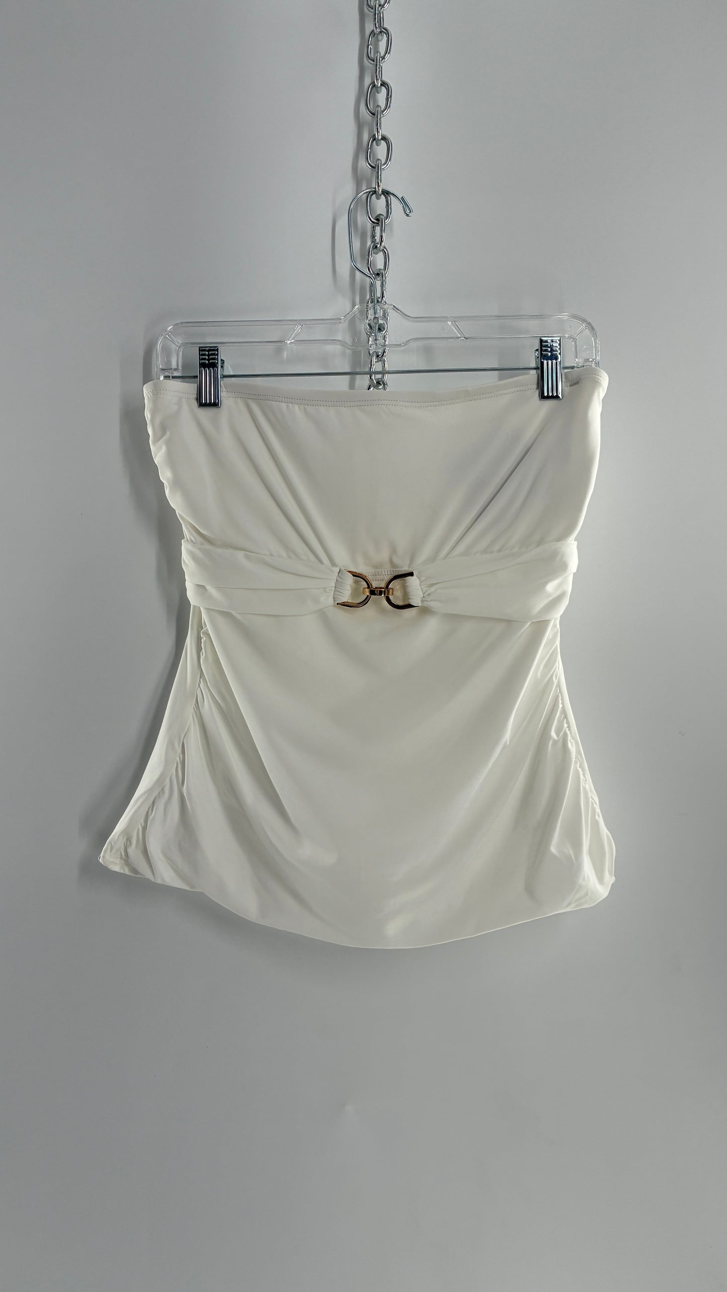 Michael Kors White Tube Top with Gold Underbust Chain Detail and Underwire Bra (Large)
