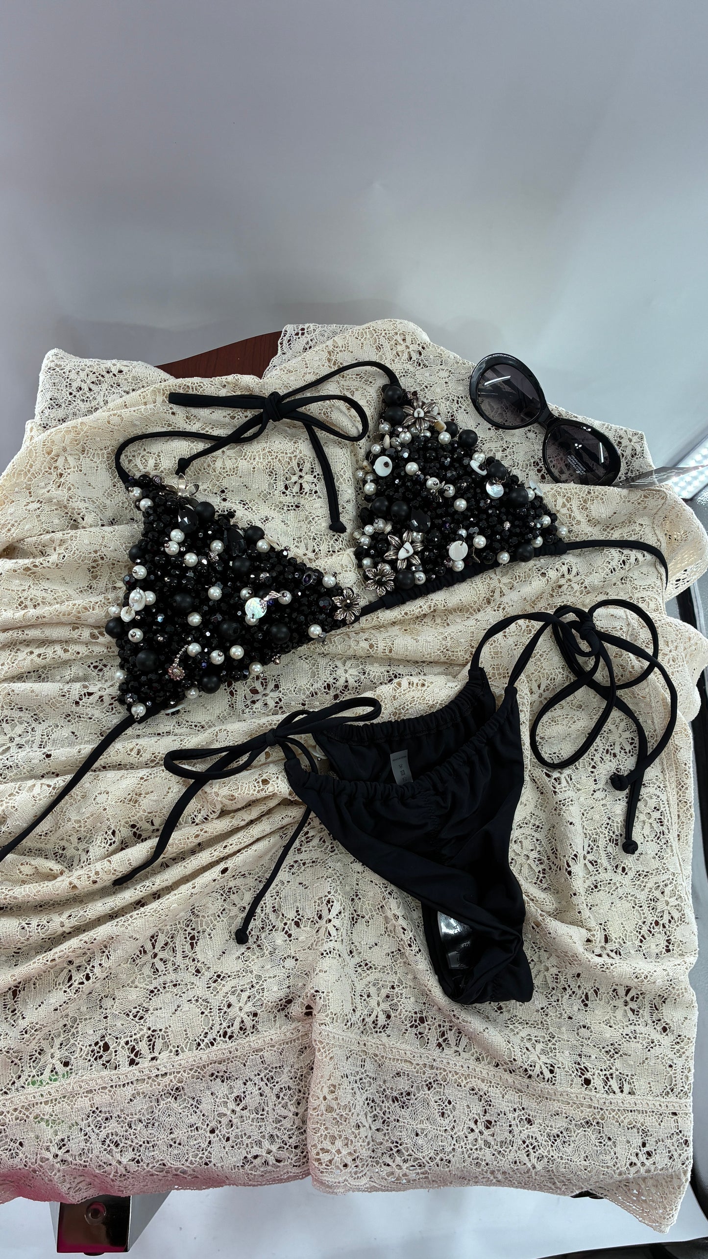 CUSTOM 1/1 Black Swimsuit Covered in Hand Placed and Sewn Beads, Charms, and Gems (MEDIUM)