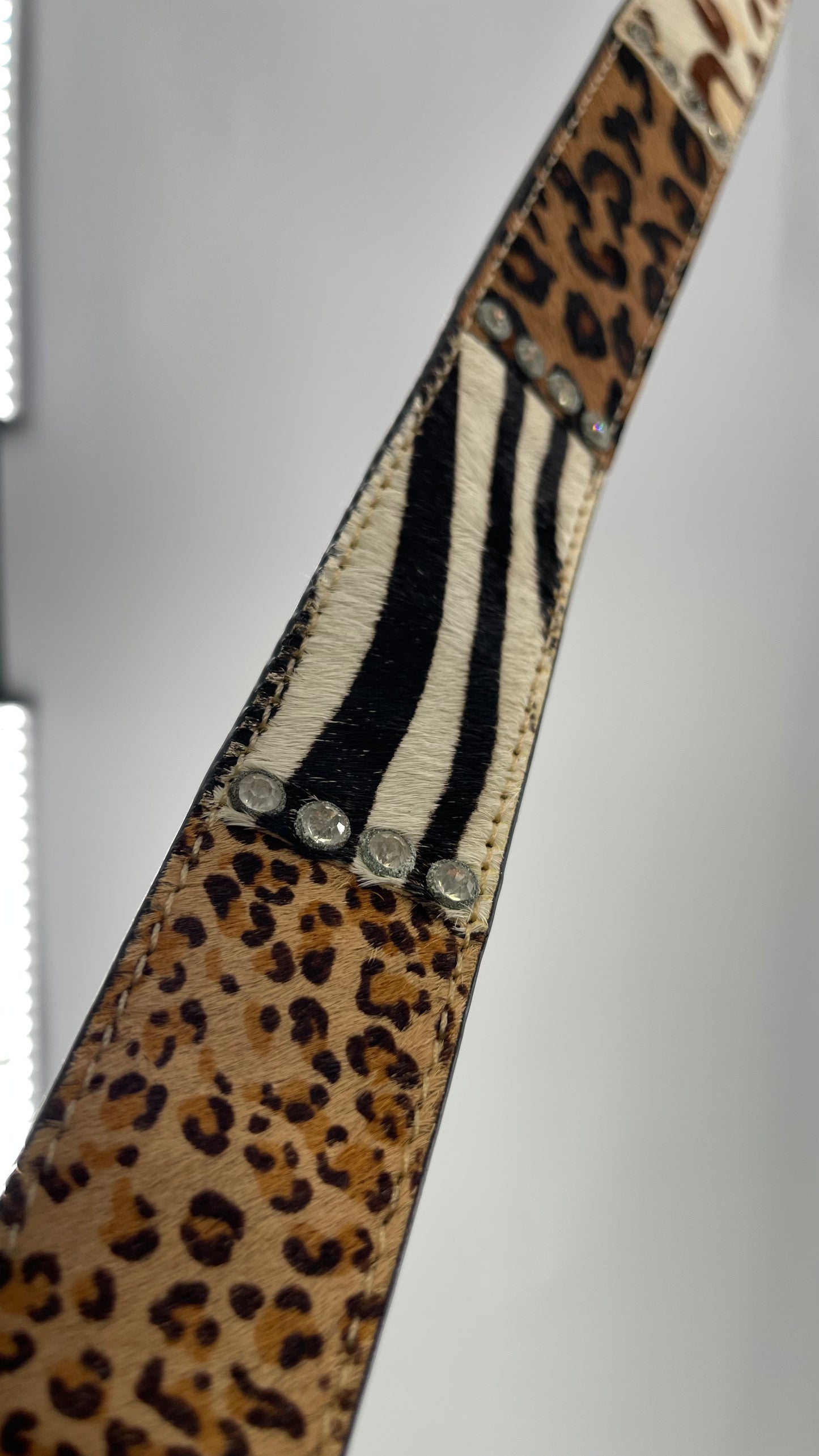 Vintage Pony Fur Animal Print Patchwork Belt with Rhinestone Buckle and Embellishments (Medium)