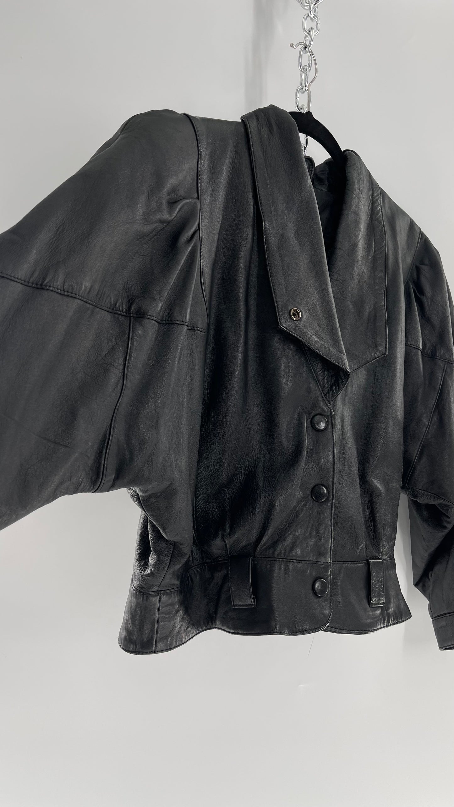 Vintage Black Leather Cropped Motorcycle Jacket (Medium)