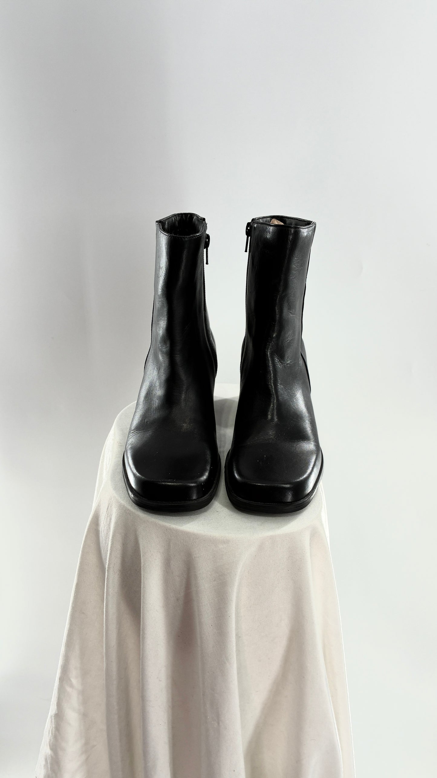 Vintage Naturalizer Black Square Toe Genuine Leather Block Heel Boots Made in Brazil (8)
