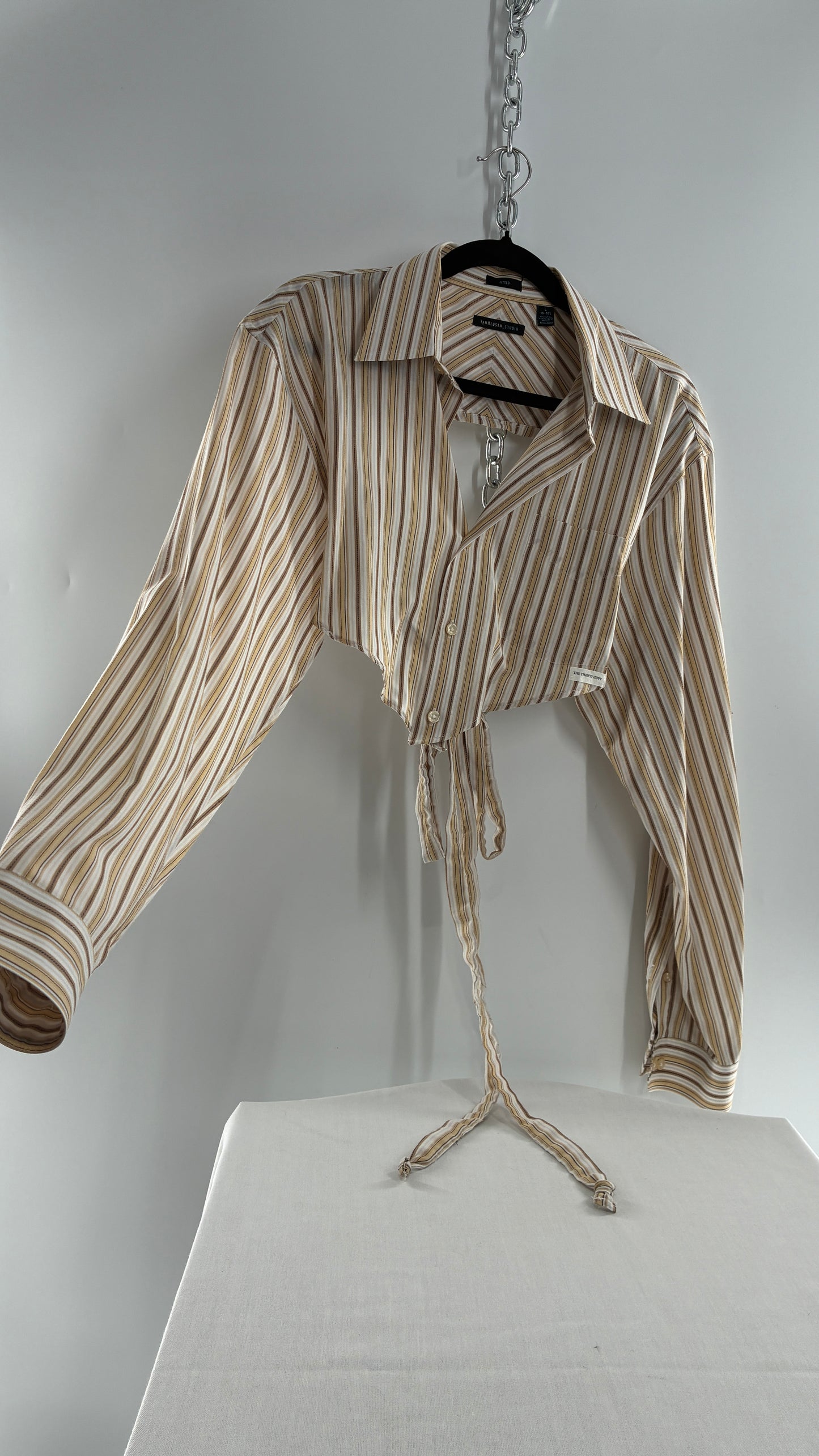 Vintage VAN HEUSEN Reworked Button Front Backless Mustard Yellow, Brown Striped Blouse (One Size)