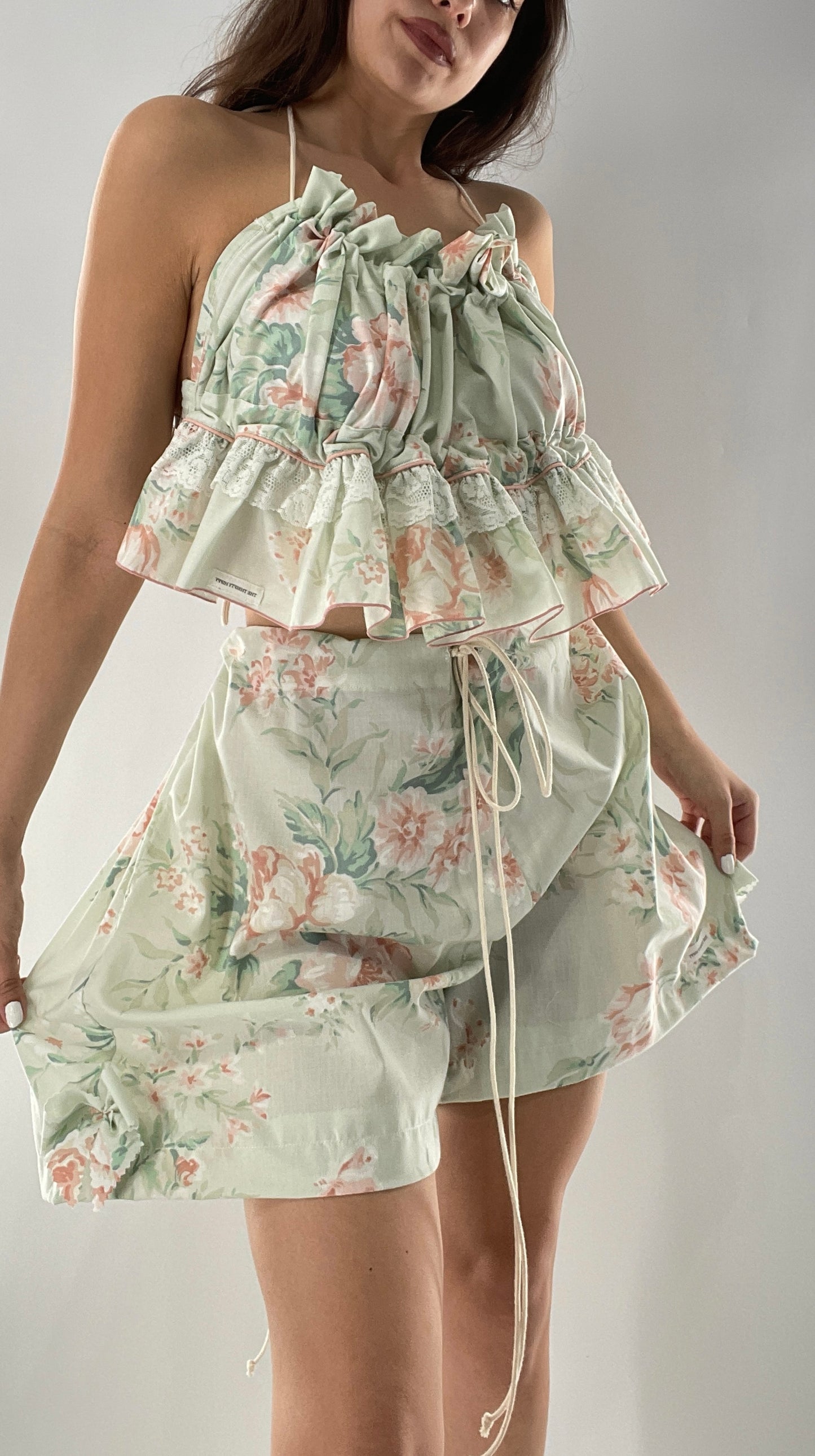 Vintage 2 Piece Bloomers and Babydoll Blouse Set Covered in Delicate Florals, Ruffles, Bows and Lace (One Size)