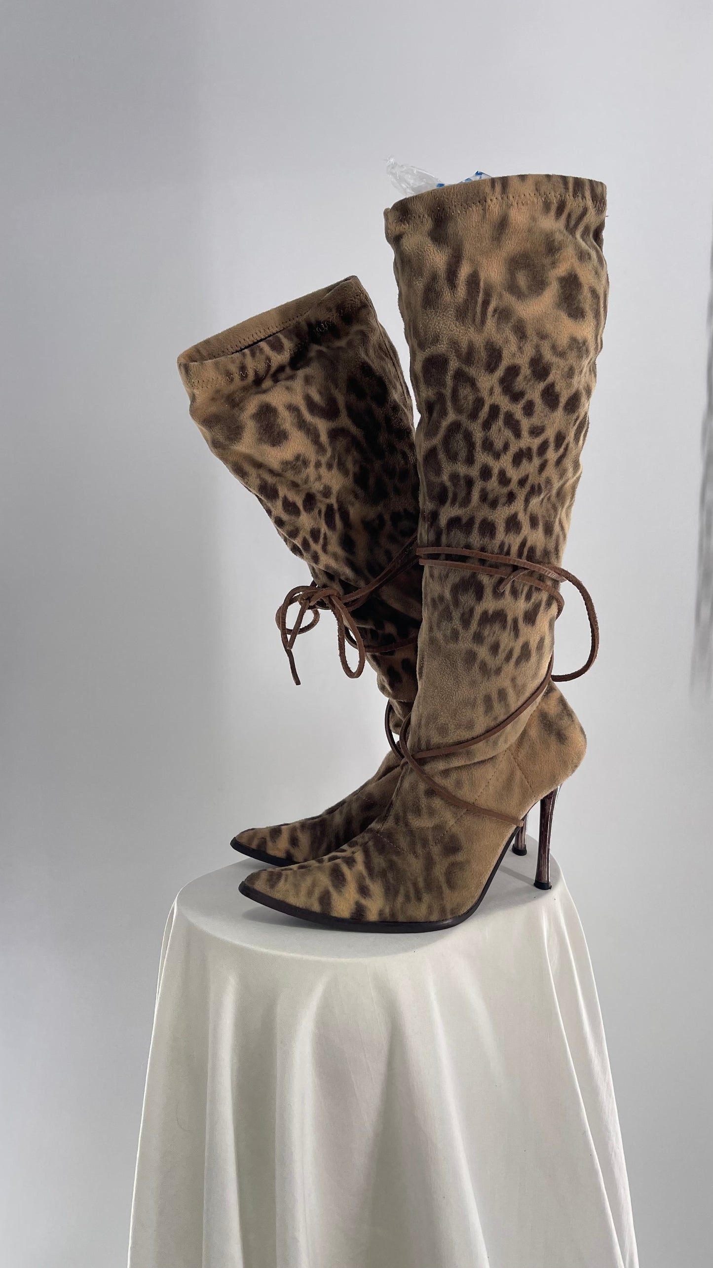 Vintage Alberto Venturini Animal Print Tie Up Pointed Toe Boots (37)