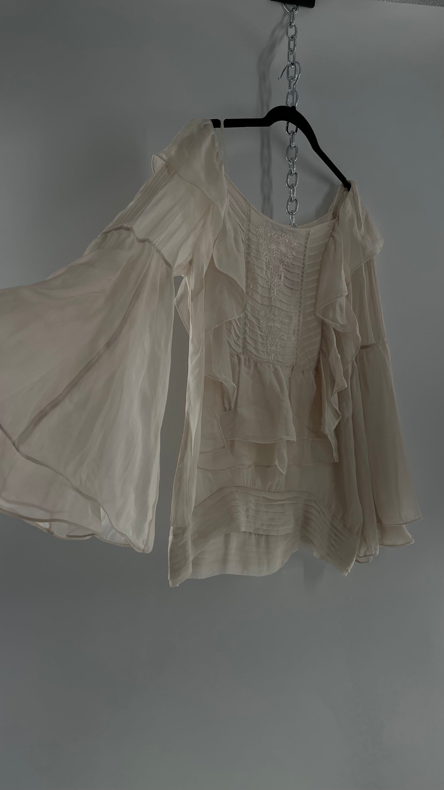 ZARA Ruffled and Embroidered Bell Sleeve Blouse (Large)