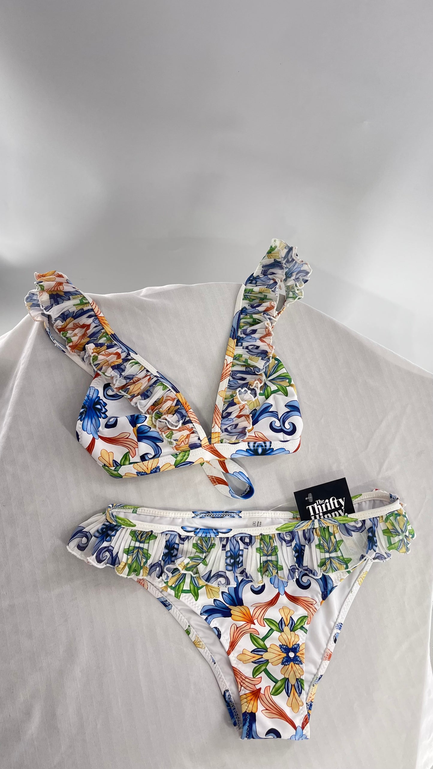 White/Blue Paisley Patterned Ruffle Trim Swim Set (Small)