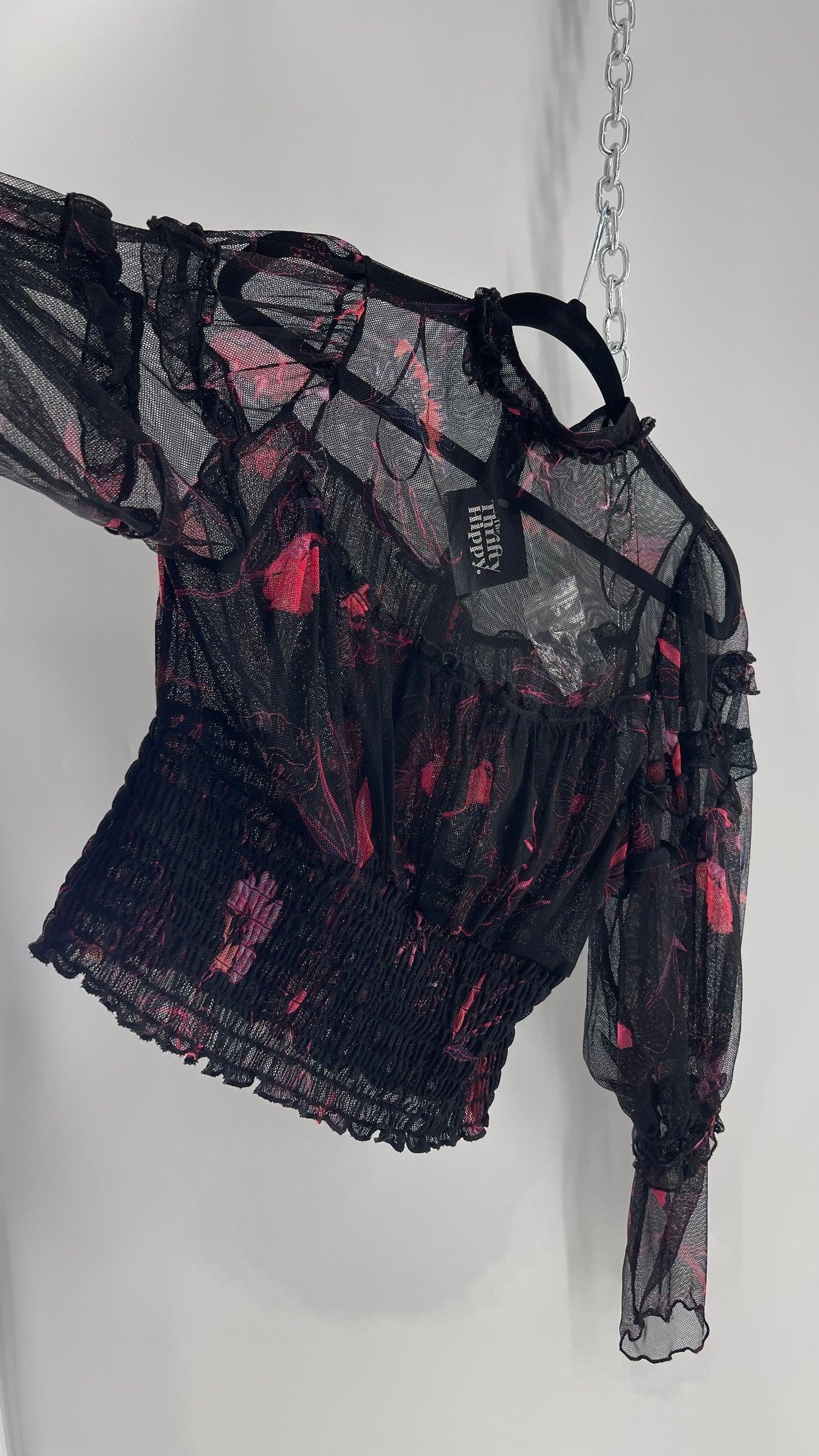 Free People Black Mesh Top with Smocked Waist, Buttoning and Contrasting Florals (Medium)