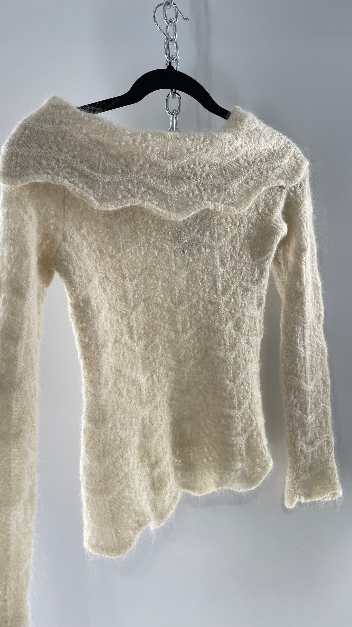 Vintage Ivory Off White Lace Knit Off the Shoulder Sweater Top (Medium)
