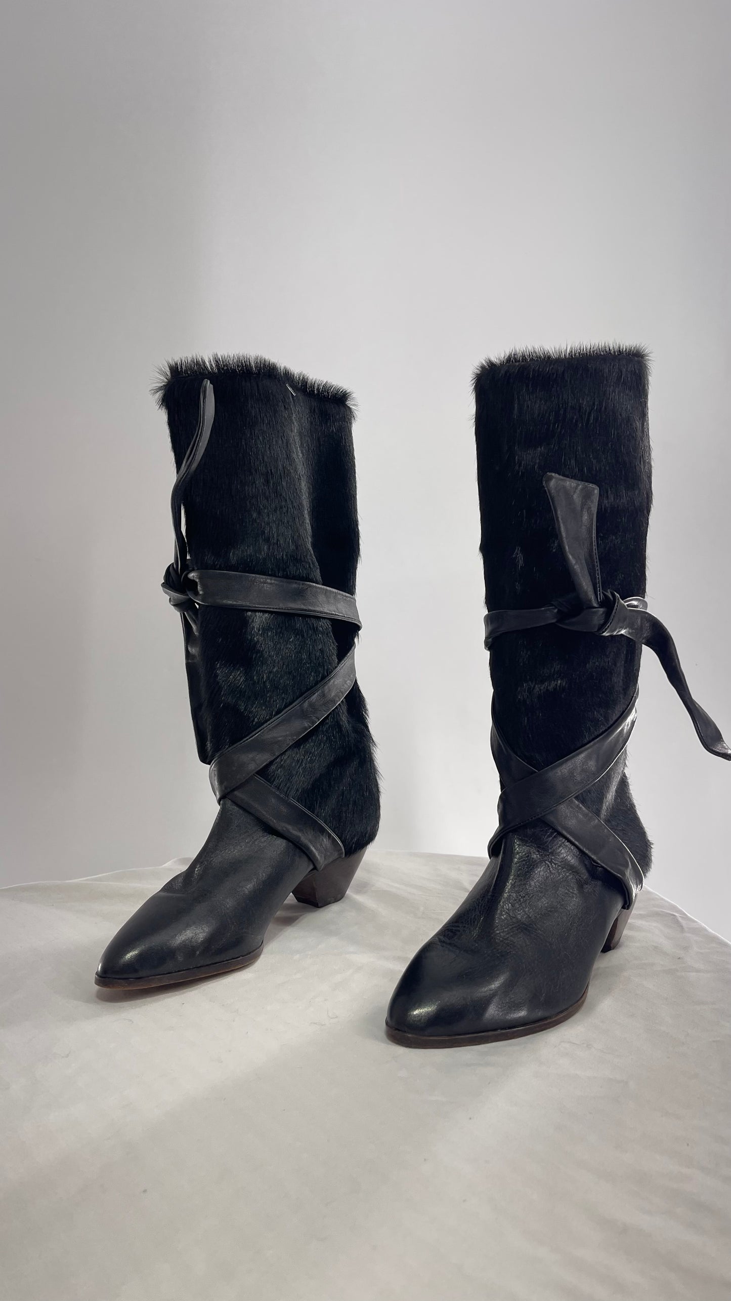 Vintage Nickels Black Italian Fur Boot with Leather Straps (7)