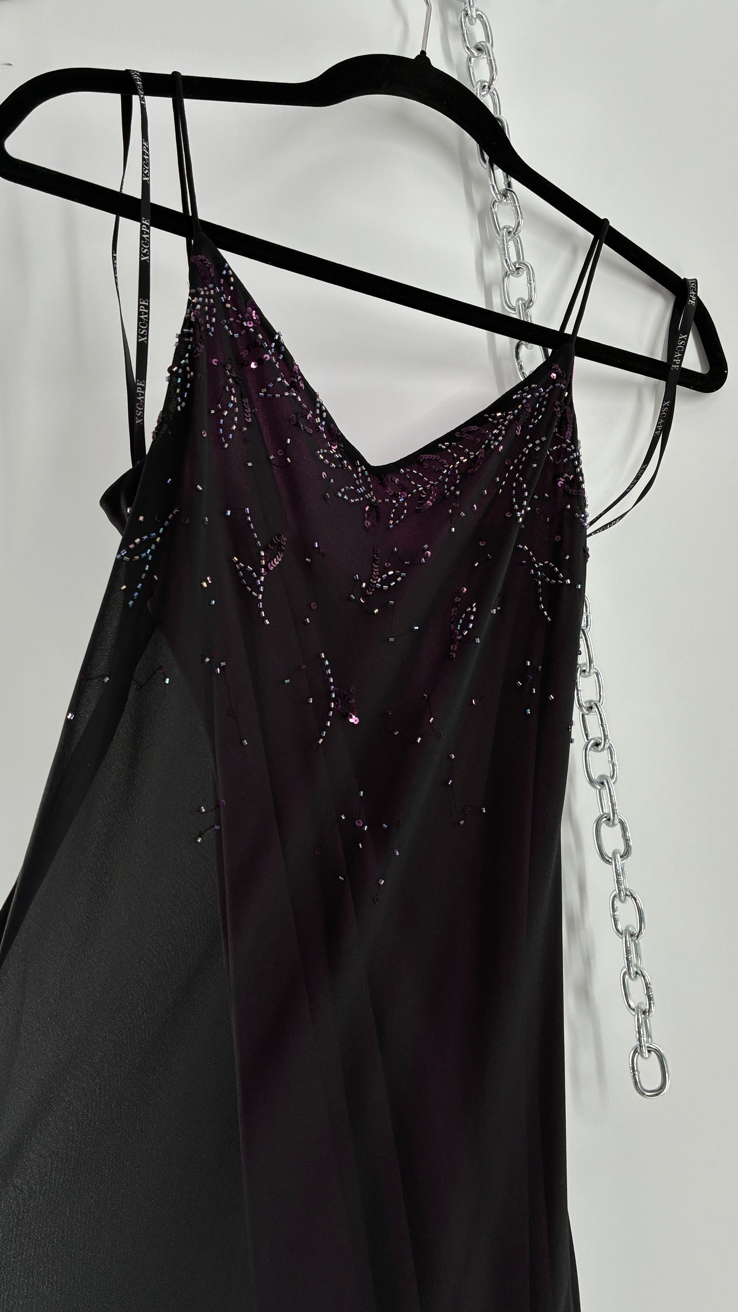 Vintage XSCAPE Full Length Black Beaded Gown with Purple Underlay (4)