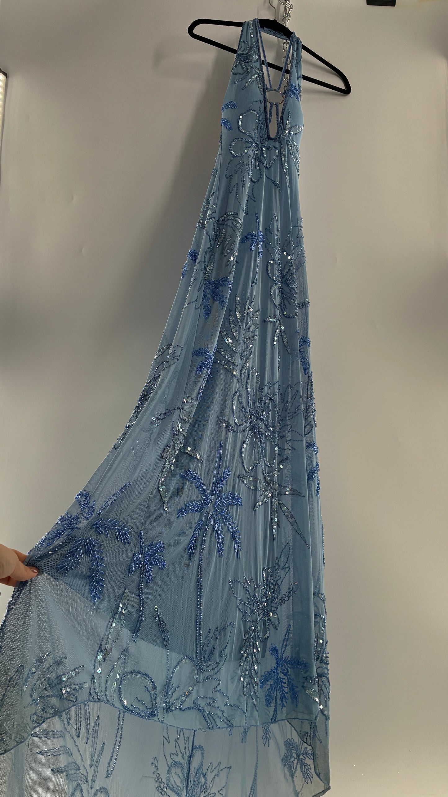 Vintage 1990s Powder Blue Gown Covered in Beaded Appliqué Tropical Designs with Strappy Bust and Low, Open Back (S/M, stretchy no size marked)
