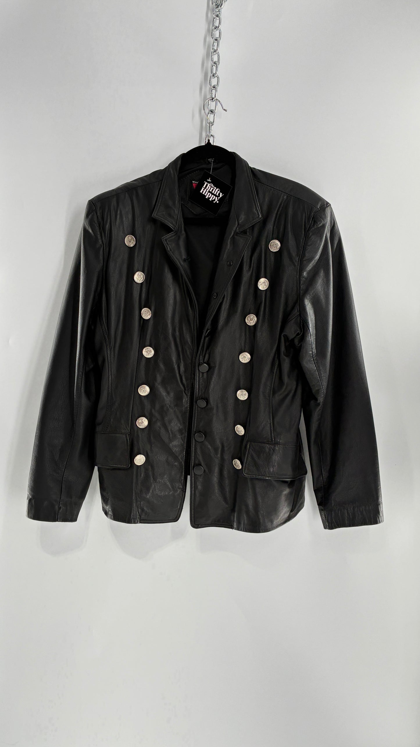 Vintage Virginia Slims Black Genuine Leather Military Jacket with Double Breasted Embossed Buttons (Large)
