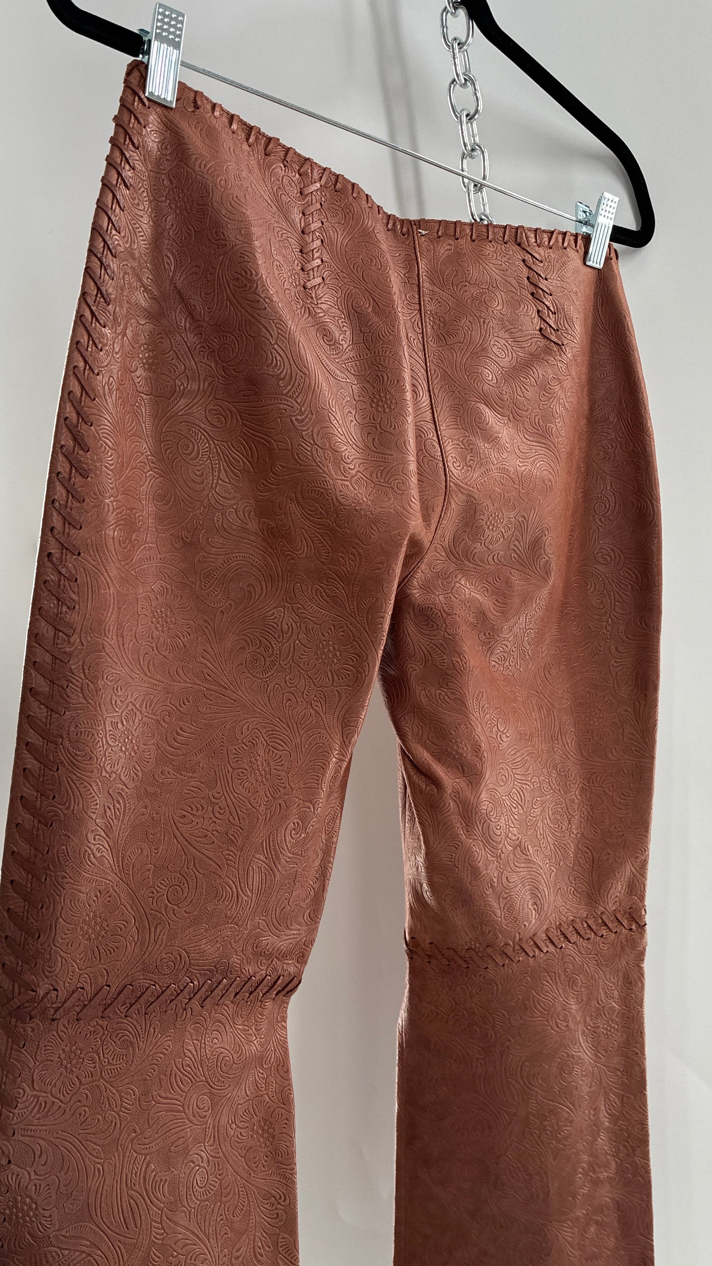 Vintage Embossed Paisley Patterned Genuine Leather Pants with Stitching Details (No Label Unbranded, S)