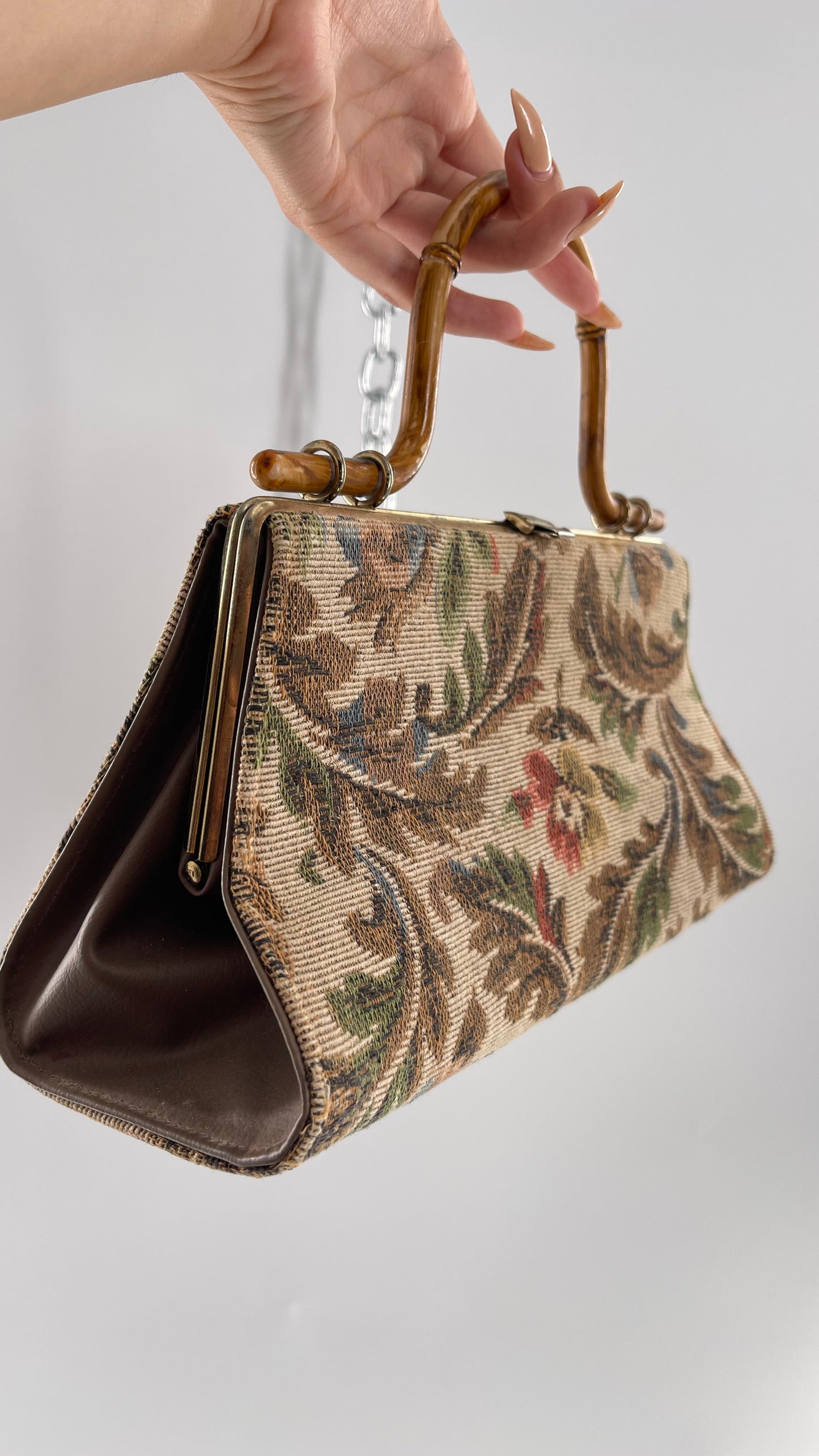 Vintage Tapestry Bag with Bronze Metal Clasp and Bamboo Handle