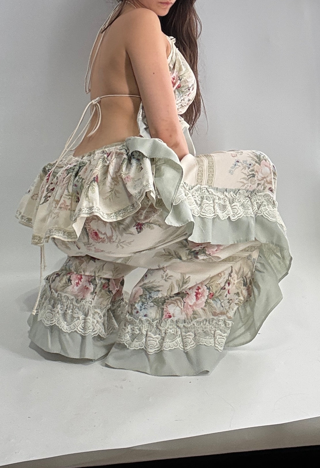 Handmade Vintage Muted Florals Two Piece Set with Adjustable Waist and Bust Lines (XS-XL)
