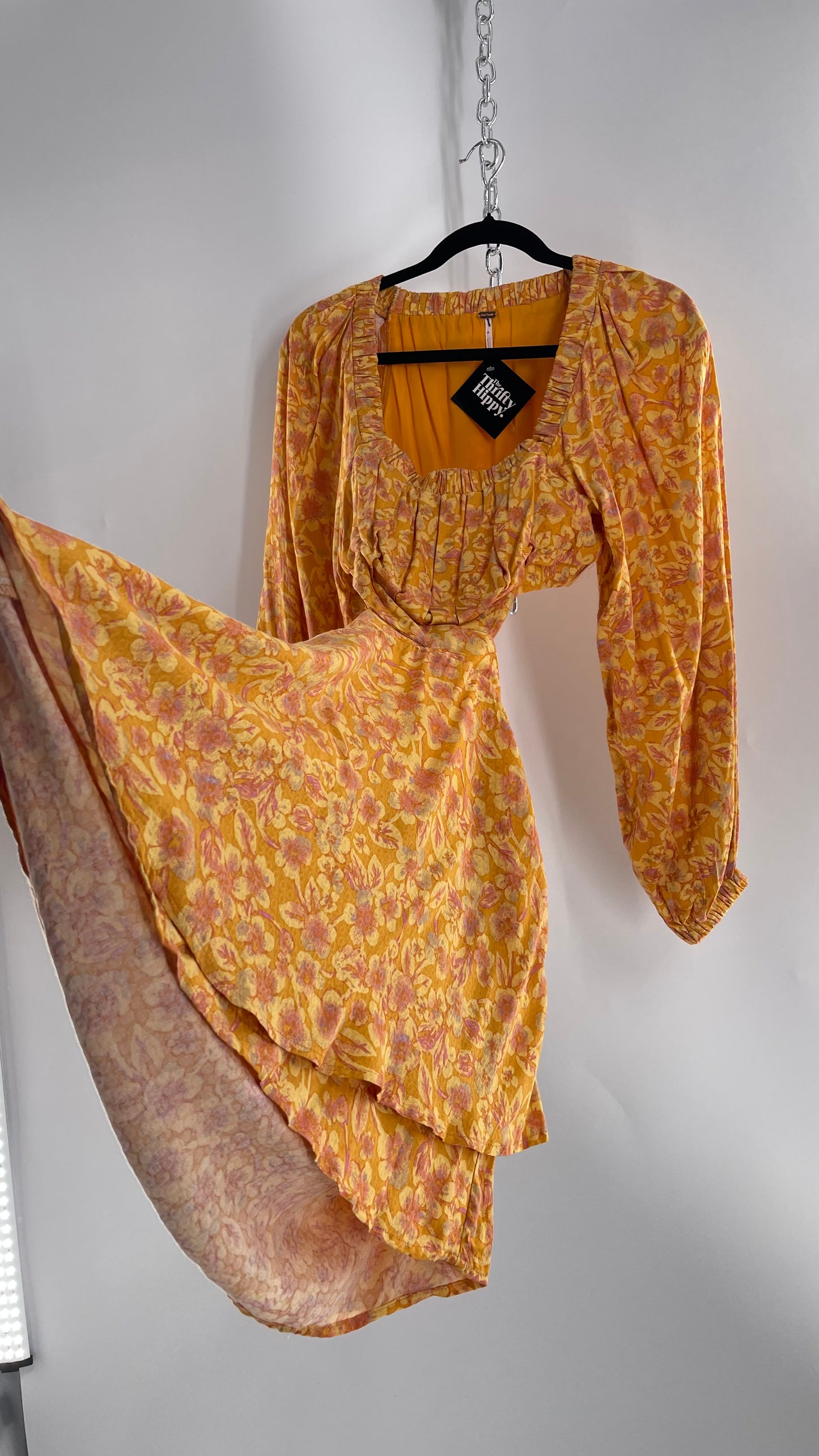 Free People Yellow Cut Out Golden Florals Dress with Ruched Bust and Balloon Sleeves (XS)
