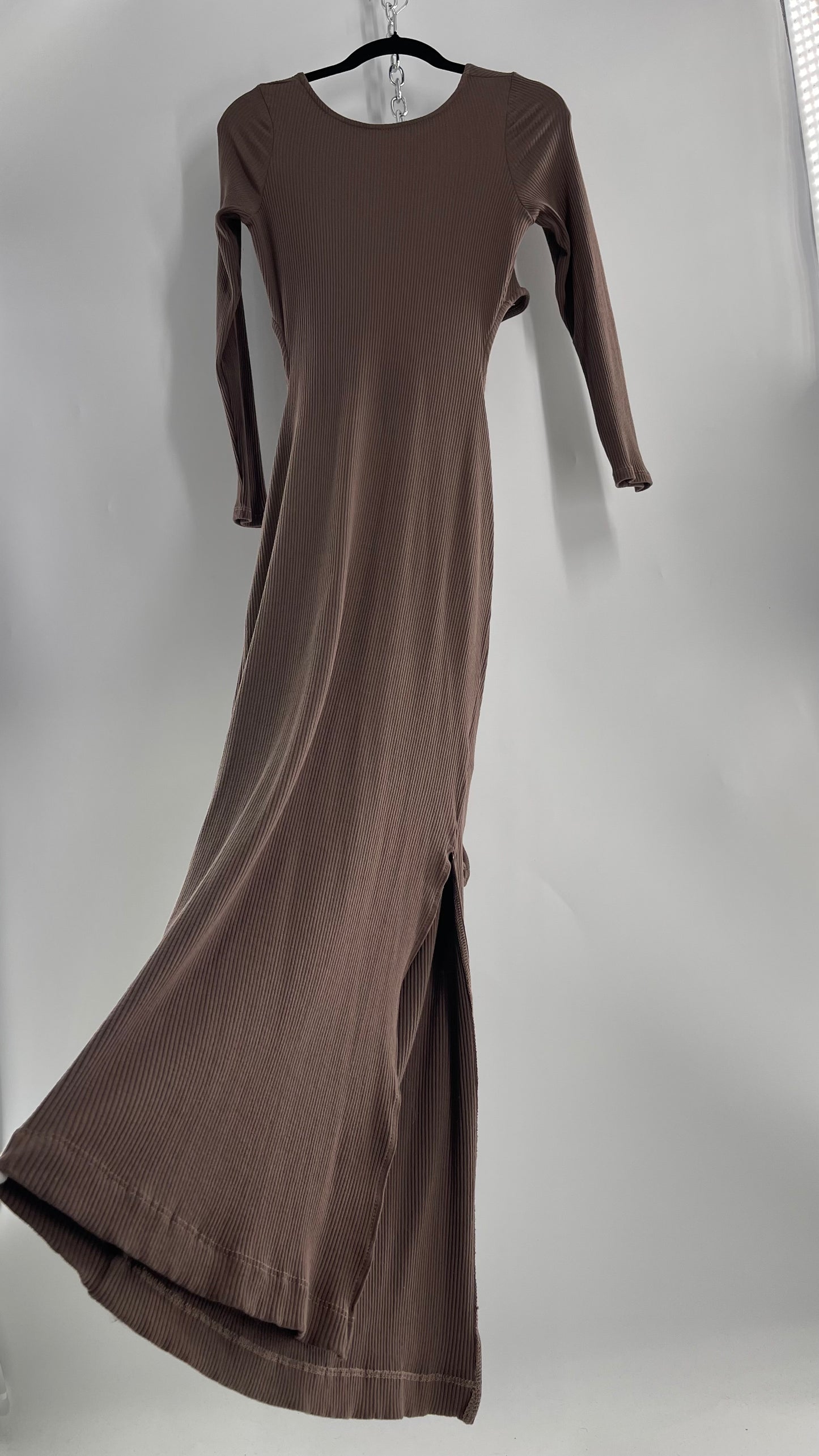 Free People Brown Ribbed Maxi Dress with Low Open Back and Dramatic Tie Detail (Large)