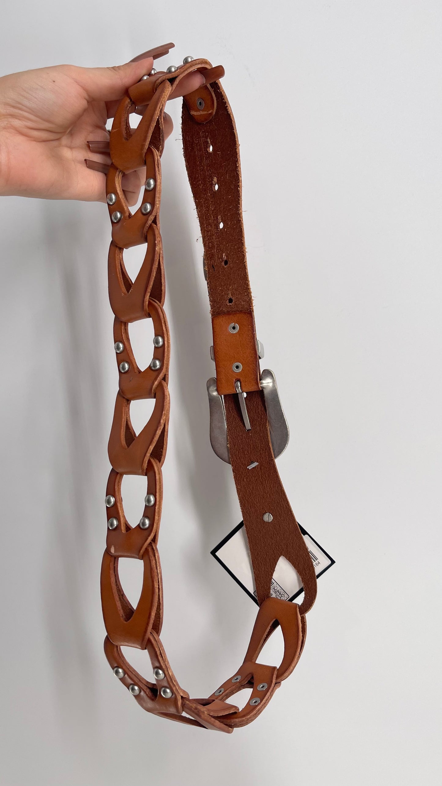 Free People Leather Link Belt with Western Buckle and Silver Studs (S/M)