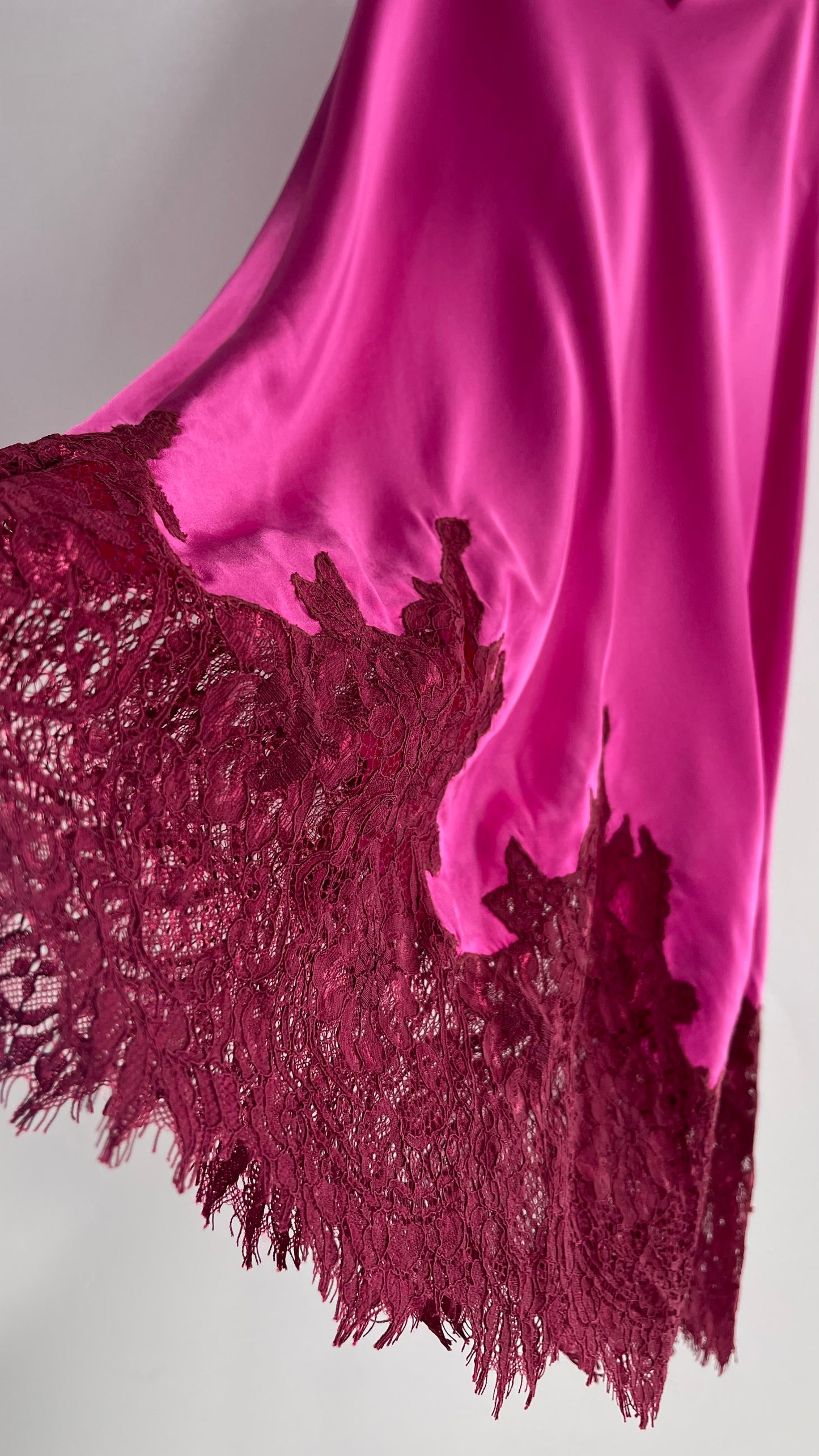 CAMI NYC Hot Pink Silky Midi Skirt with Maroon Thick Lace Hem (S)