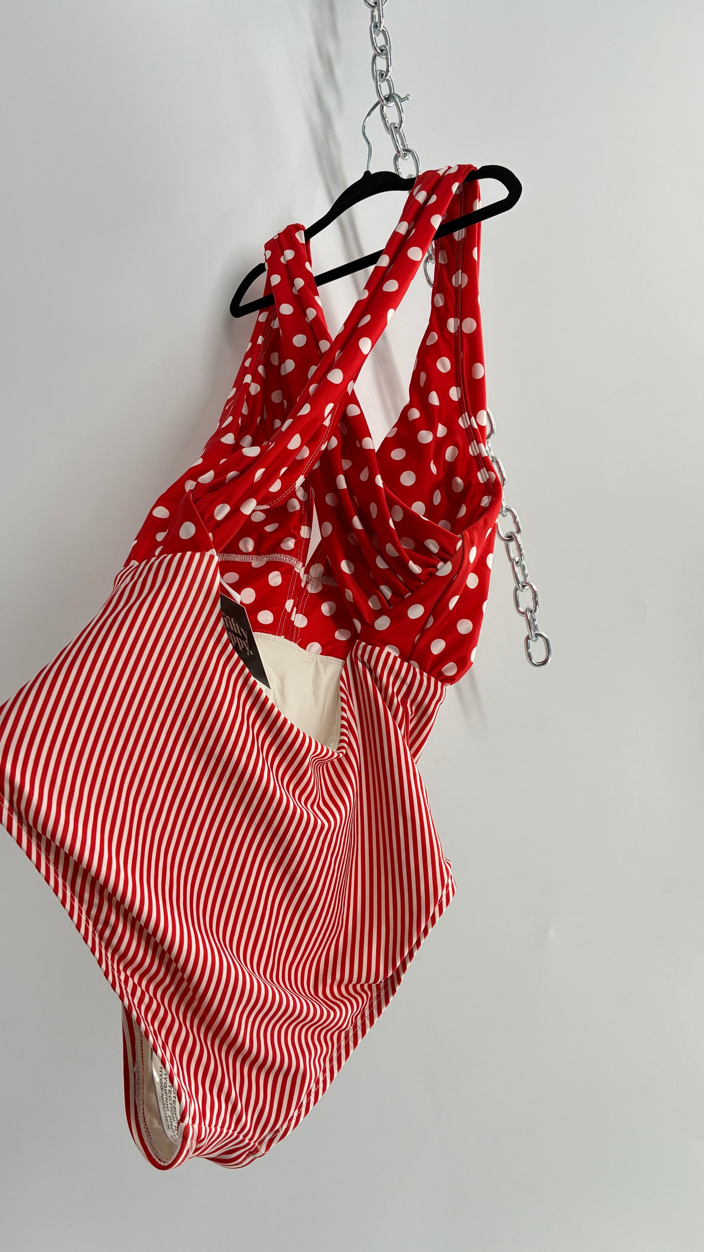 ALLIHOP Anthropologie Red and White Retro Thick Striped and Polka Dotted Bikini with Open Criss Cross Back (Small)