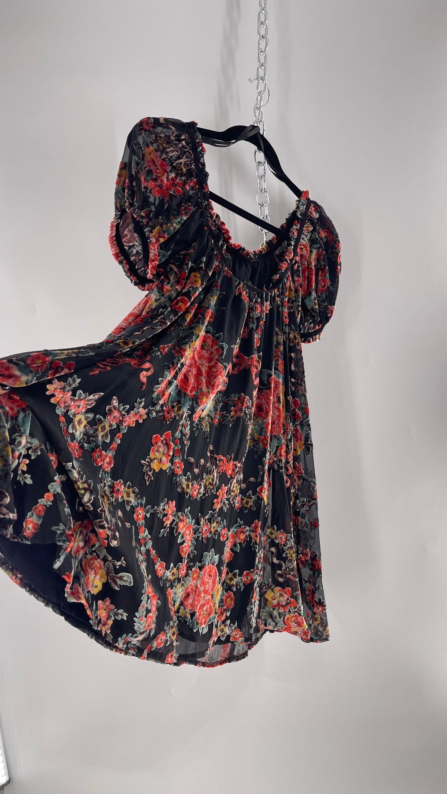 Free People Beautiful Blooms Velvet Florals Babydoll Dress (Small)