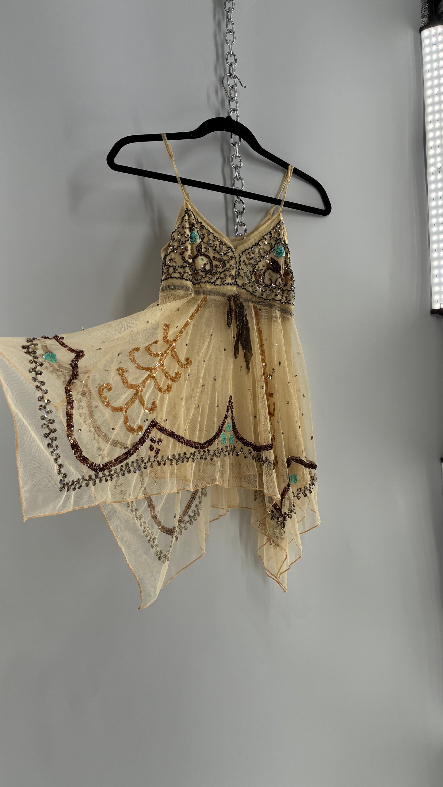 Handmade Beige Handkerchief Camisole with Hand Beaded Details (XS)