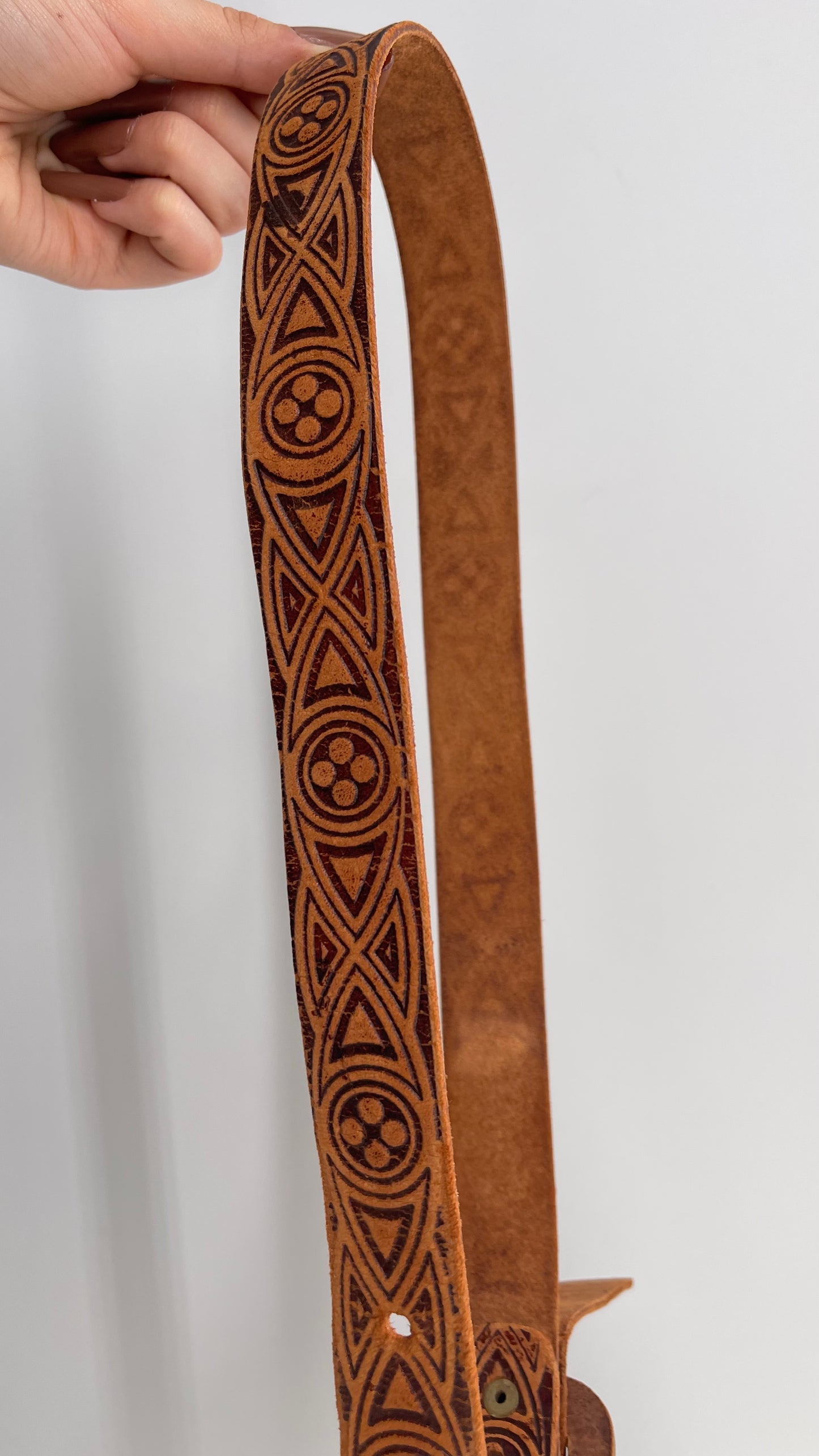 Vintage 1970s Engraved and Embossed Leather Bohemian Belt (Small)