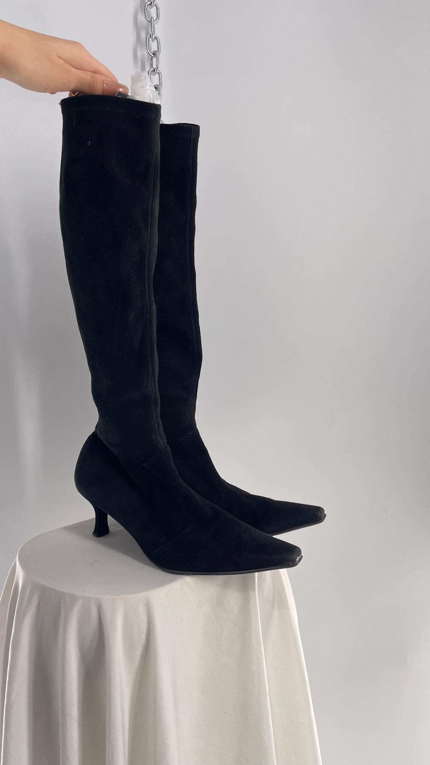 Vintage 1990s Stuart Weitzman Black Suede Leather Kitten Heel Pointed Toe Knee Highs (8.5)