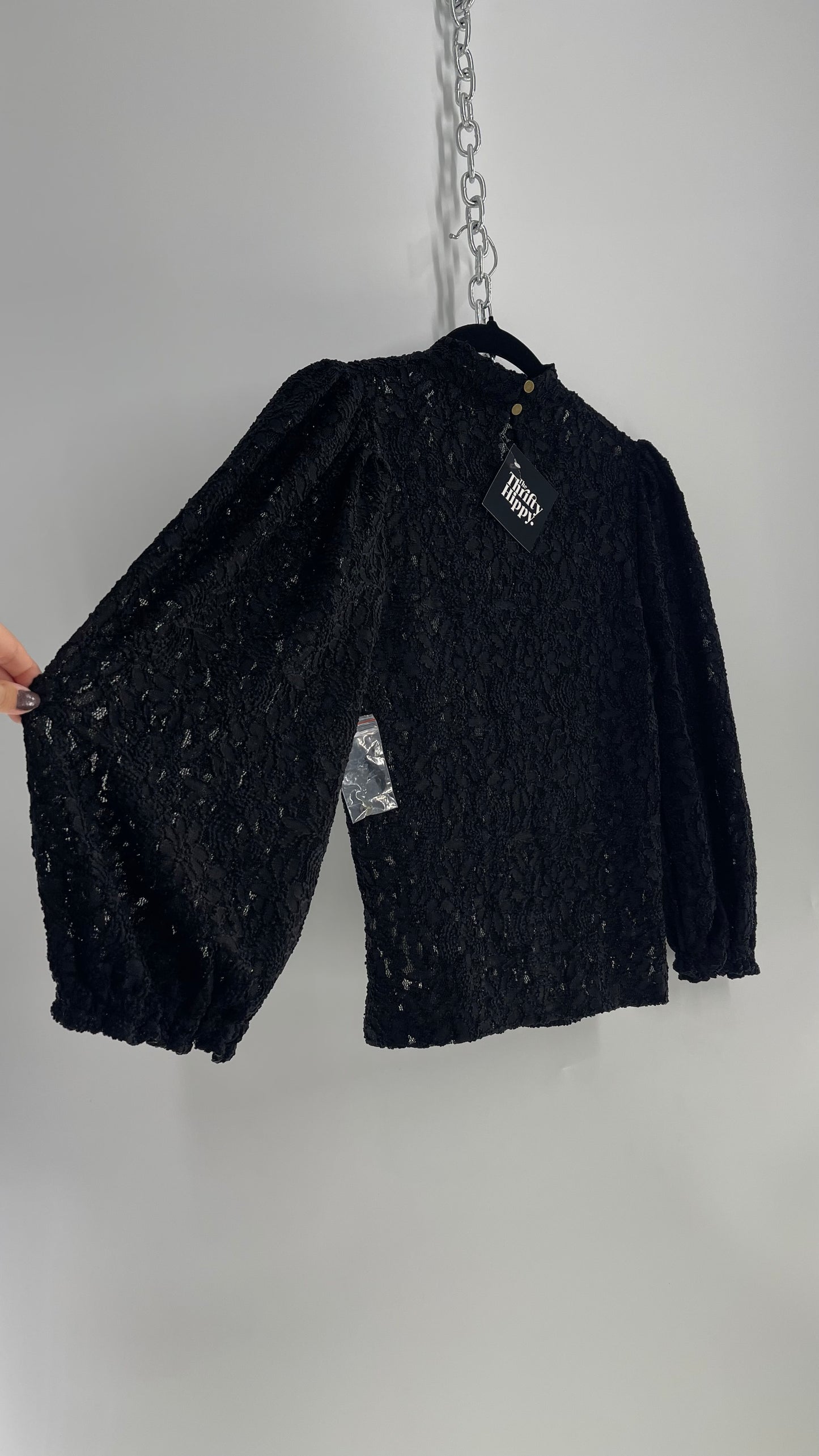 Free People Black Lace Bubble Quarter Sleeve Turtle Neck and Extra Buttons (XS)