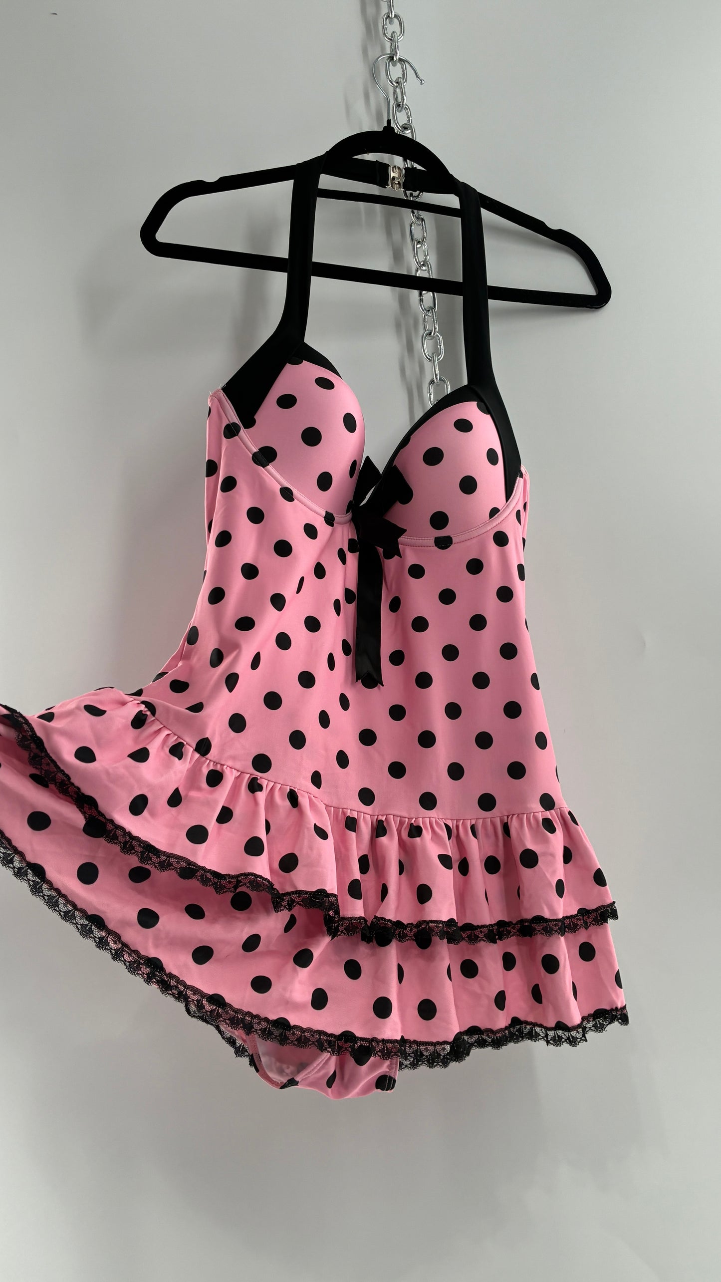 Vintage Retro Style Pink Polka Dotted Swim Dress with Ruffled Skirt and Underwire Bust (XL)