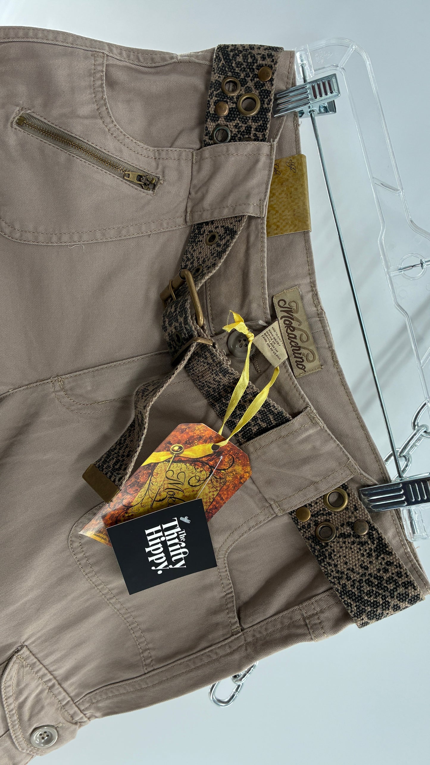 Deadstock Vintage MOKACHINO Tan Low Rise Cargos with Grommet Belt and Zipper Details (4,10)