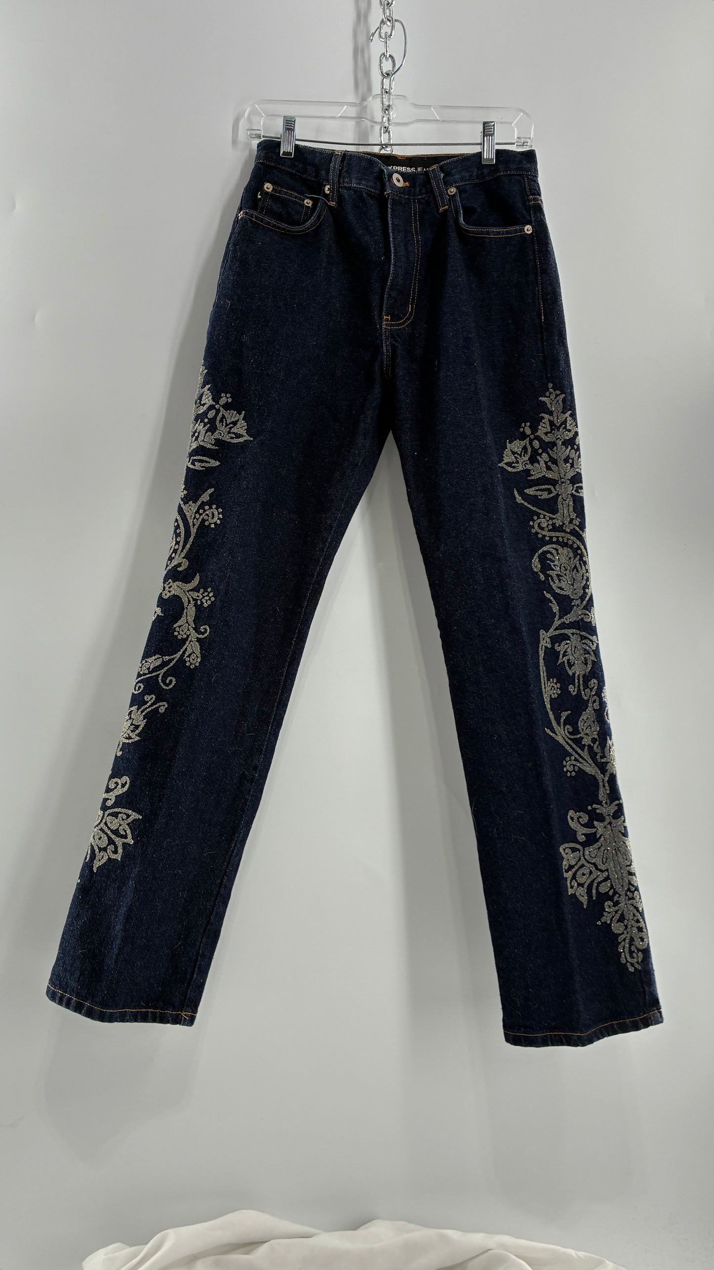 Vintage EXPRESS JEANS Dark Wash with Iridescent, Embellished, Textured Design Running Down Pant Leg (3/4)