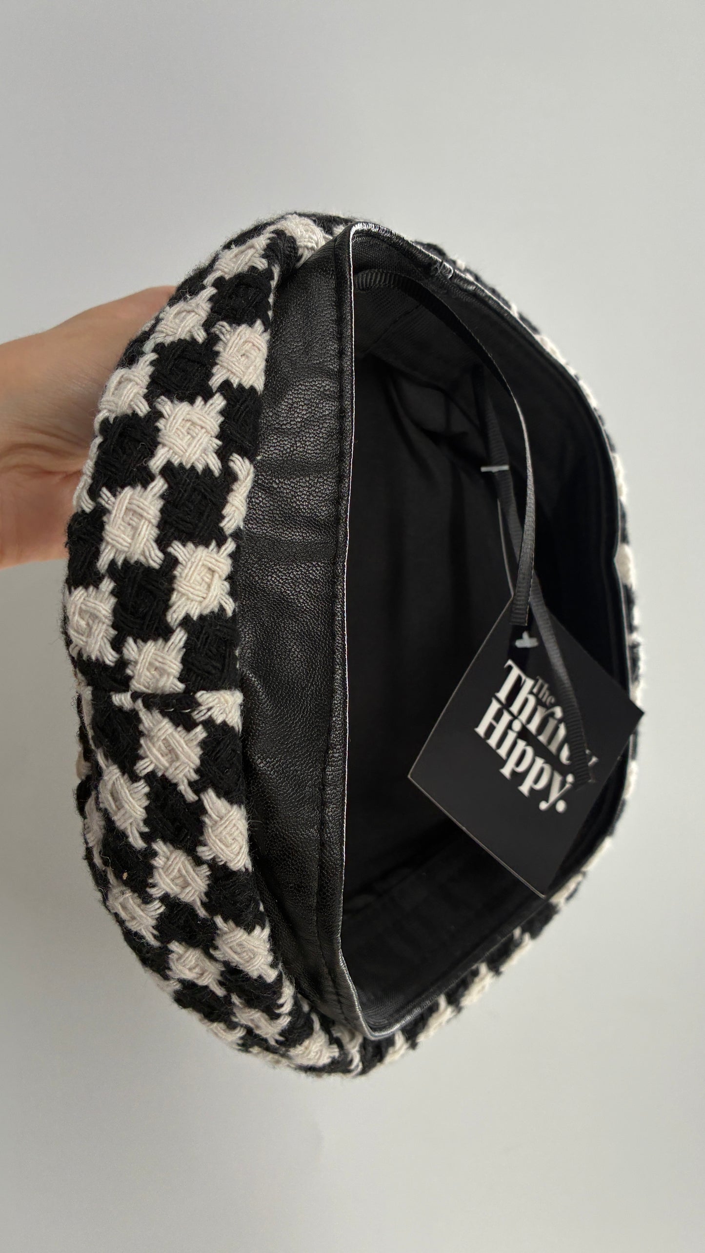 Black and White Knit Houndstooth Beret with Vegan Leather Band