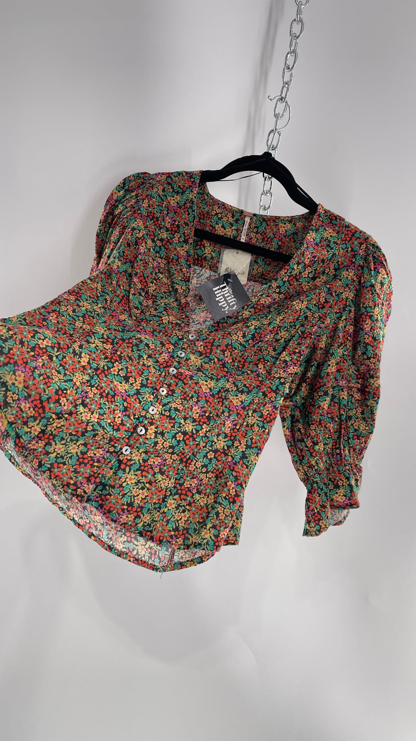 Free People 100% Cotton Colorful Florals Blouse with Deep V, Puff Sleeves, Button Front, and Tags Attached (Small)