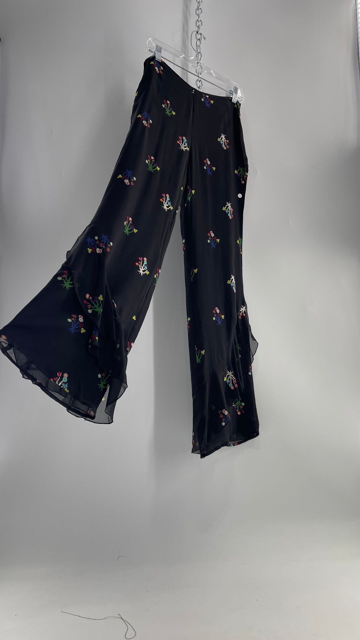 Cynthia Rowley Black Flared Pants with Colorful Abstract Florals, Dual Lining and Ruffle Trim (4)