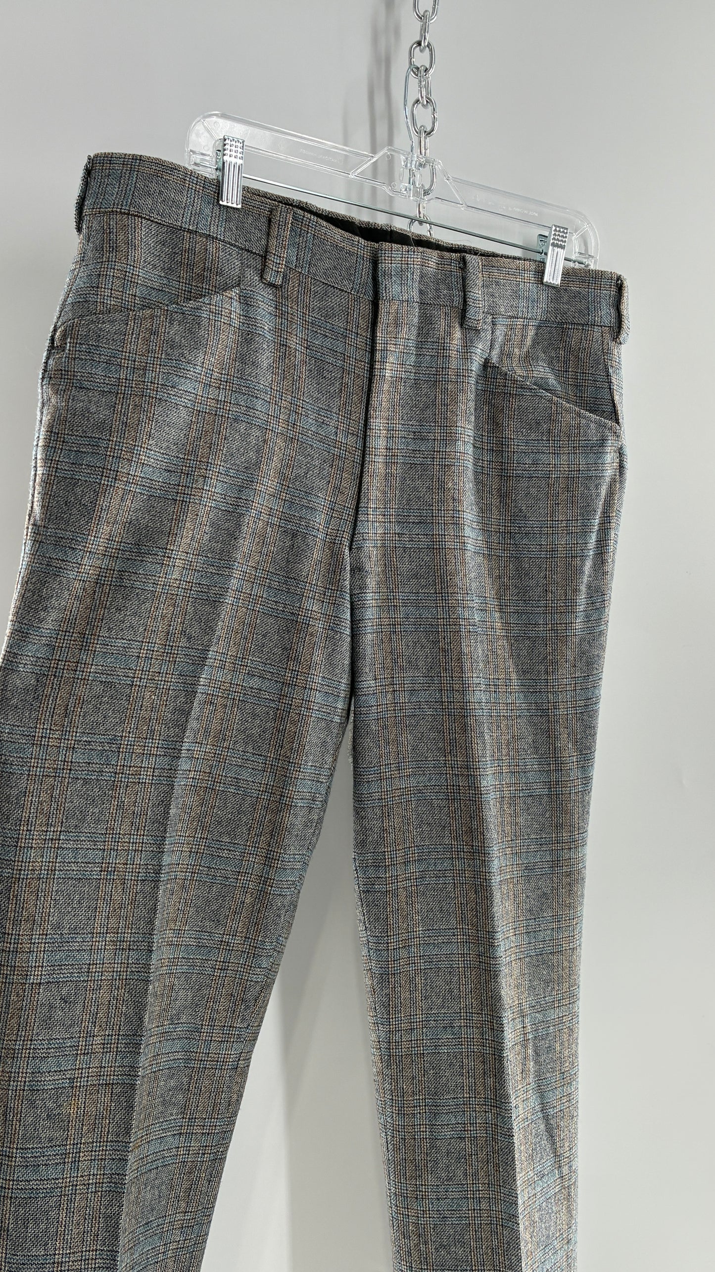 Vintage Handmade Wool Blend Woven Men’s Tailored Trousers with Grey Blue Plaid Pattern (35x32)