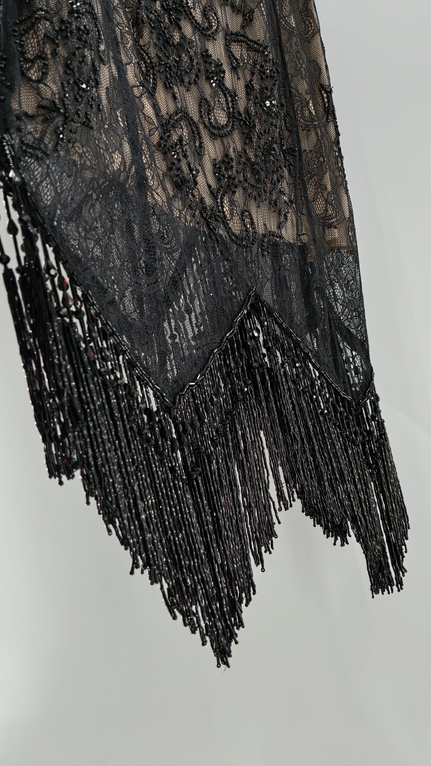 Vintage Haute Hippie Black Lace Nude Underlay Dress with Pointed Heavily Beaded Fringe Hem (2)