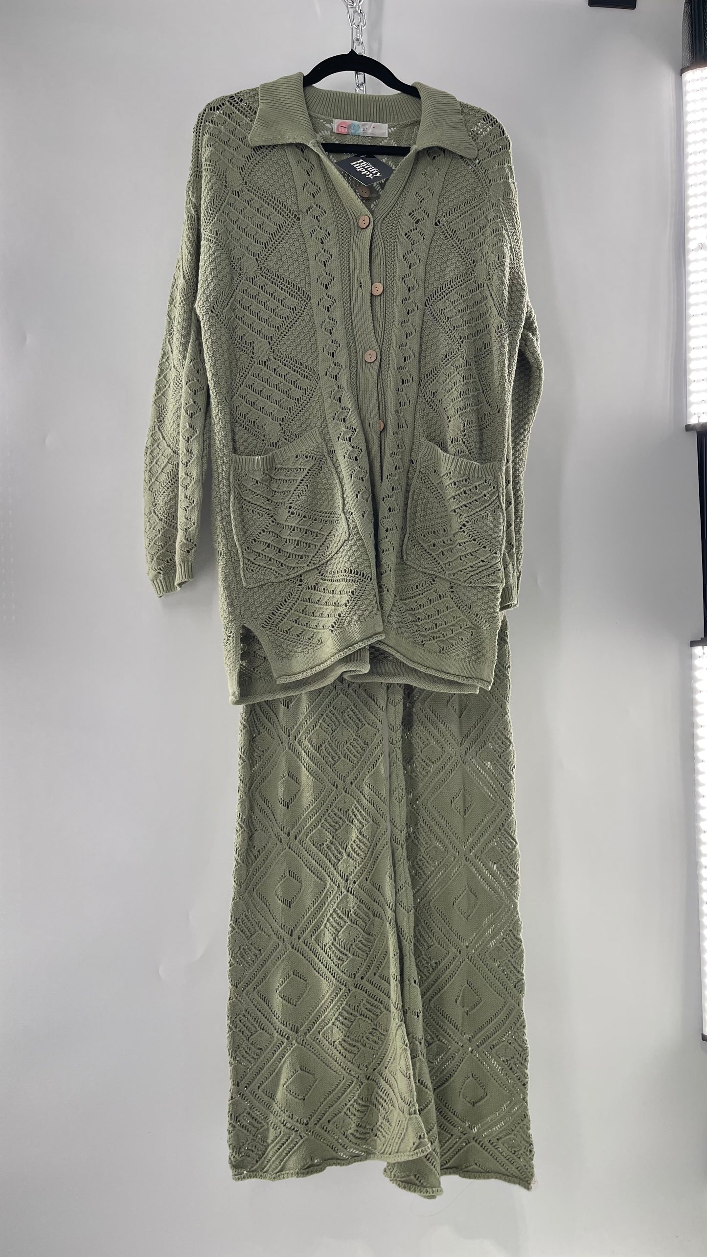 Free People Beach Sage Green Crochet Wooden Button Front Cardigan and Wide Leg Set (Medium)
