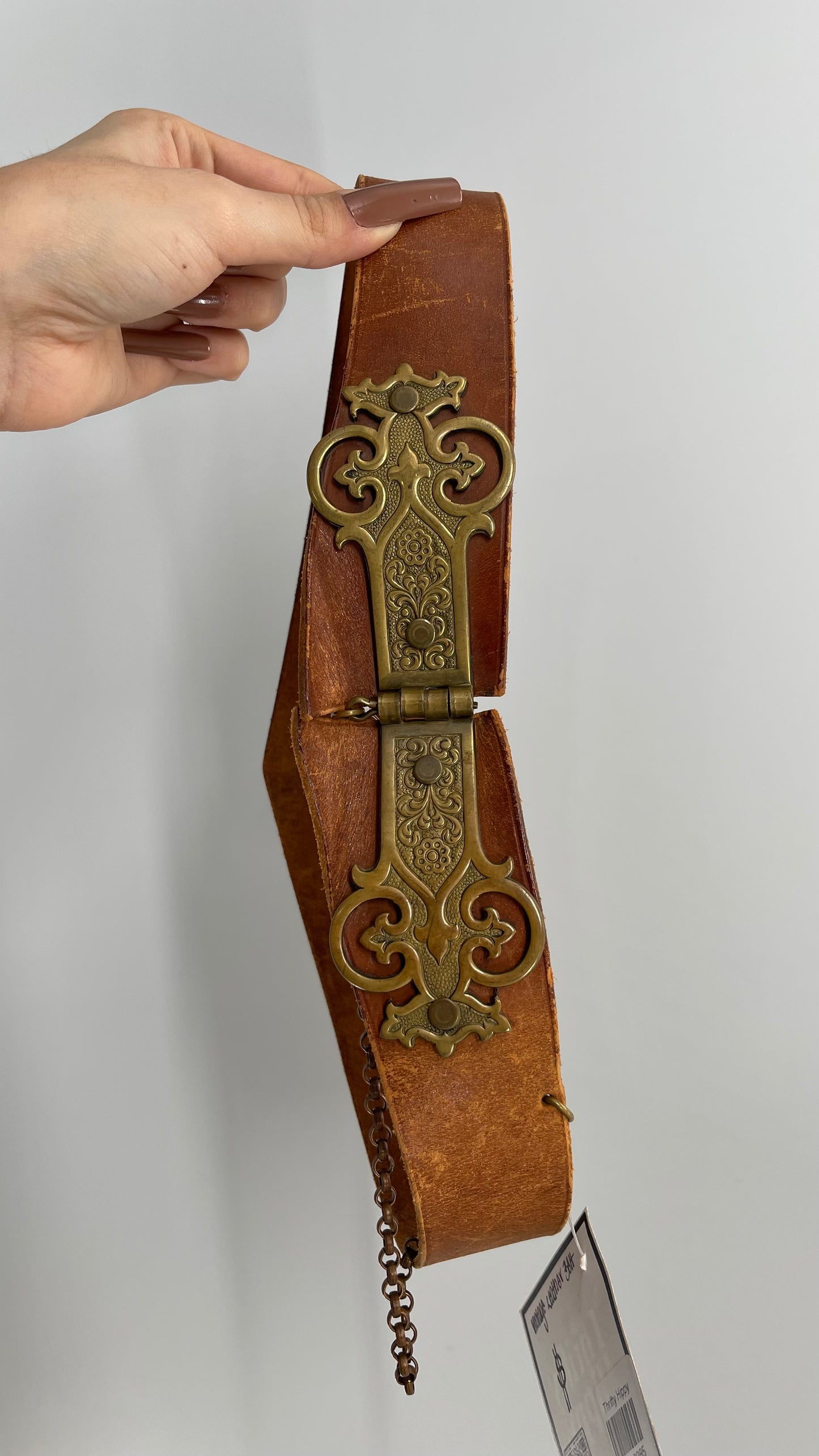 Vintage Antique Leather Waist Belt with Engraved Brass Brackets and Pin Closure (XS/S)