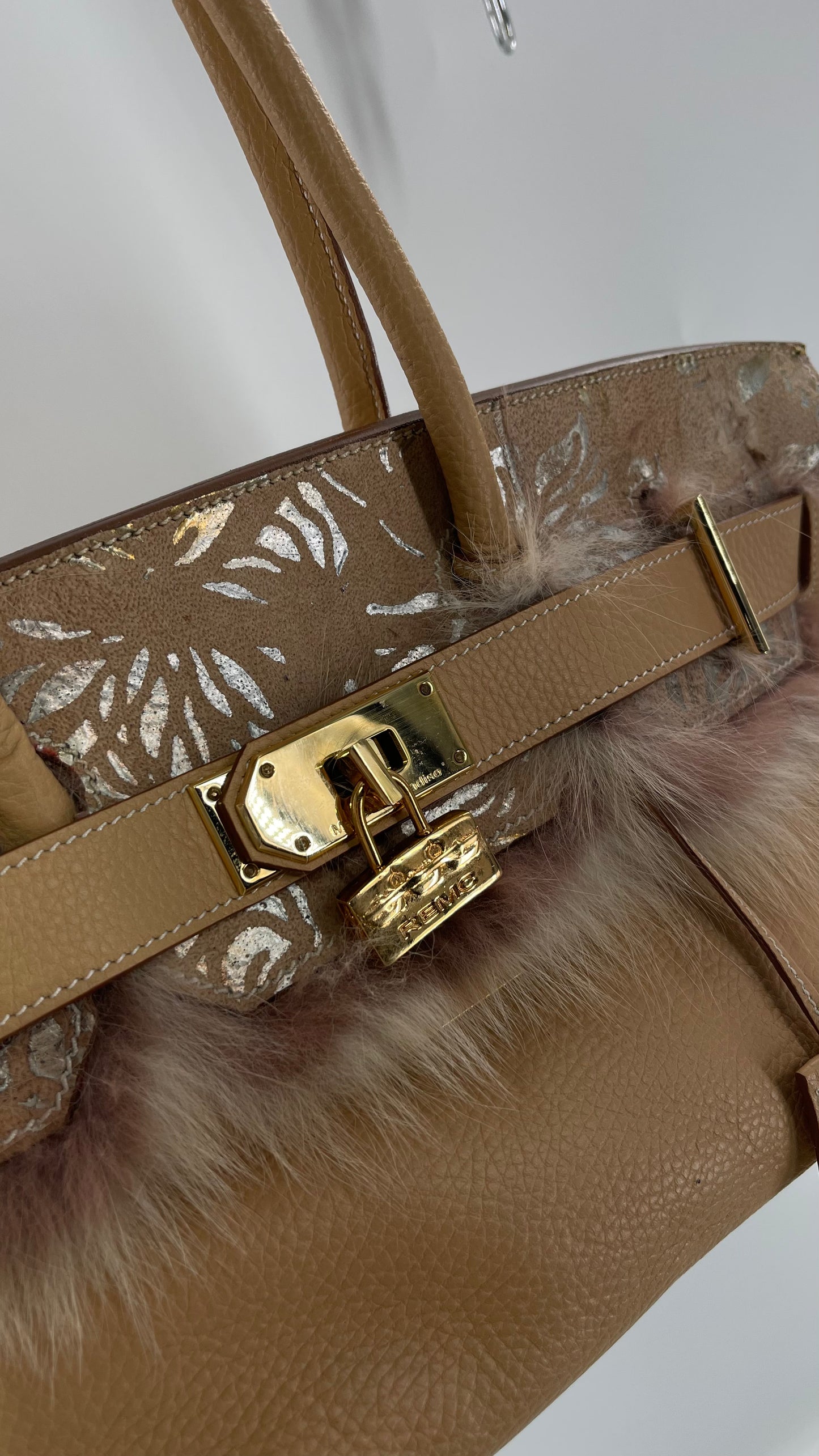 Vintage REMC R.ENGEL Monte Cristo High Society Tan Leather Purse with Silver Embossed Leather Detail, Feather Trim and Heavy Gold Locket Birken Look Alike