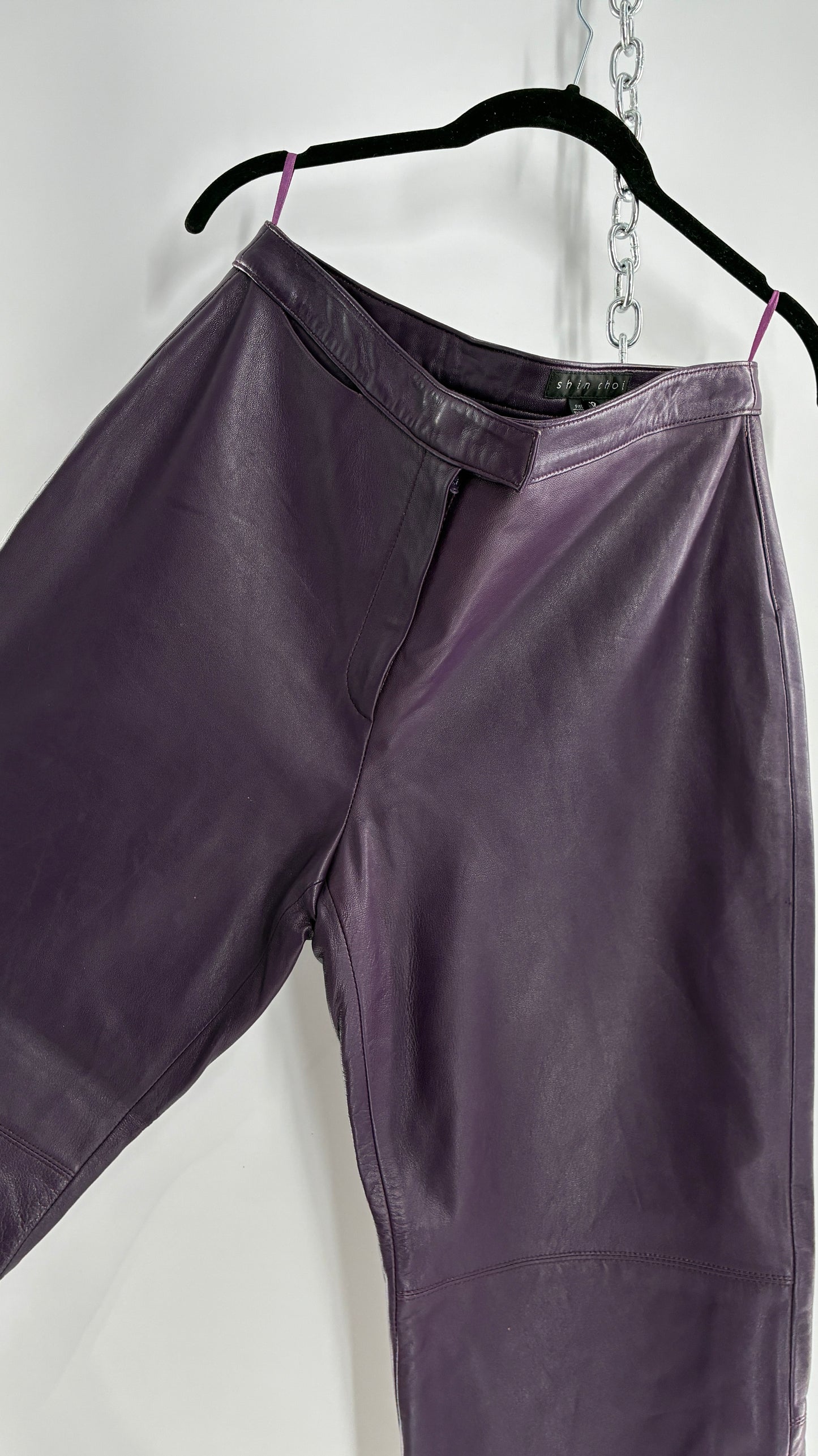 Vintage SHIN CHOI Genuine Italian Leather Purple Side Closure Low Rise Pants (12)