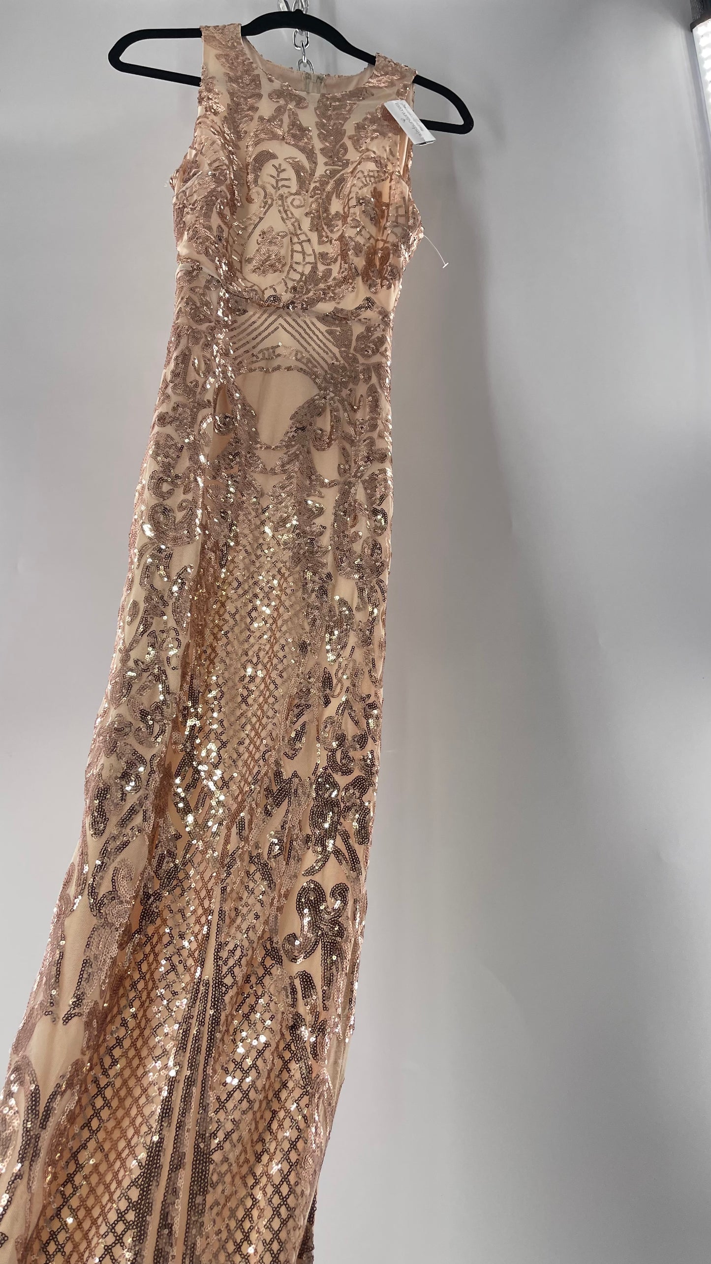 Windsor Rose Gold Sequin Maxi Dress with Side Slit Detail and Open Back (Small)