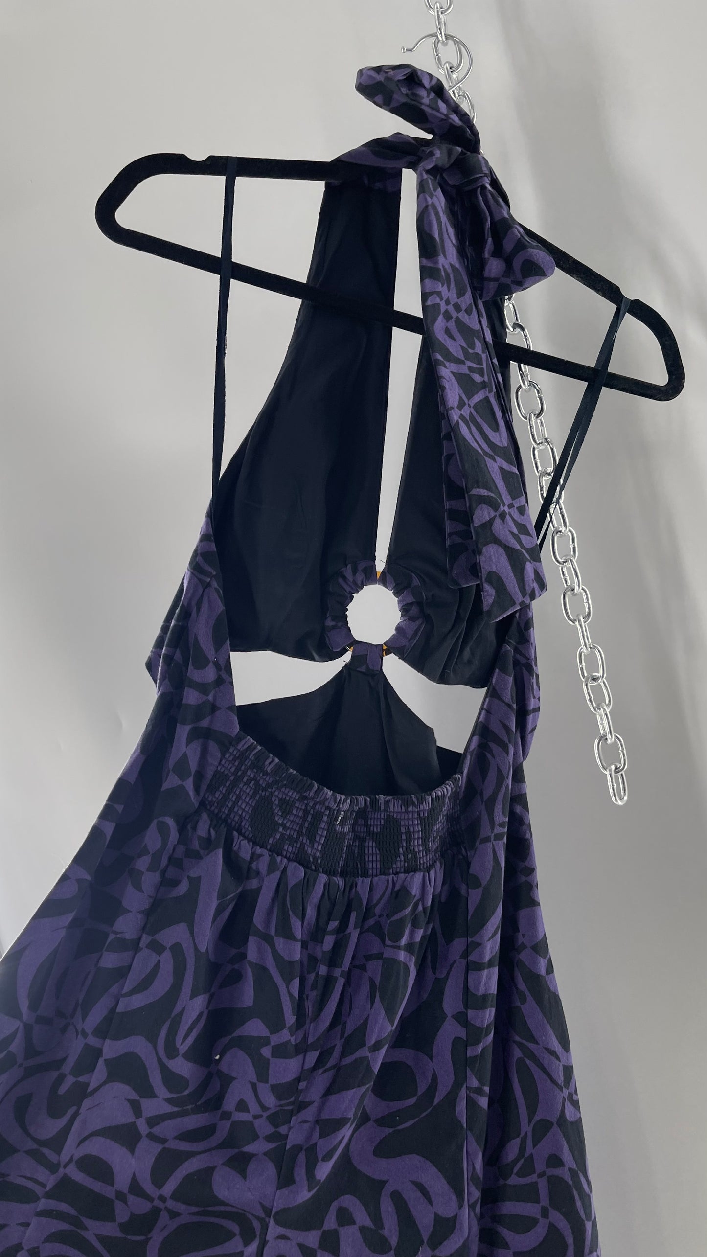 Free People Kira Retro Black and Purple Wide Leg Halter Jumpsuit with Tortoise Bust Loop (XS)