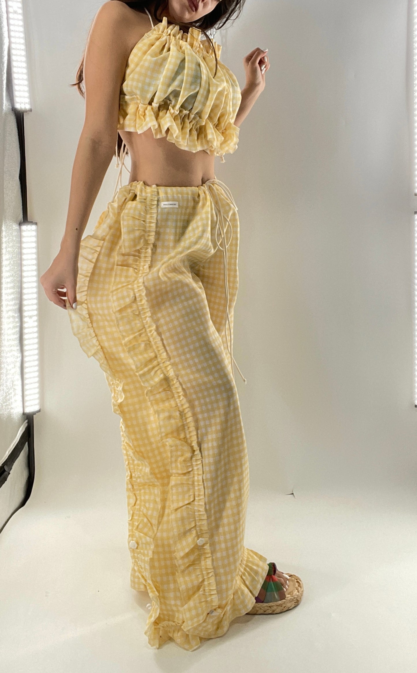 Vintage 2 Piece Yellow Checkered/Gingham Patterned Picnic Set with Ruched Bust Top and Ruffle Side Wide Legs with Adjustable Length, Strap Up Buttons on Hem (One Size)