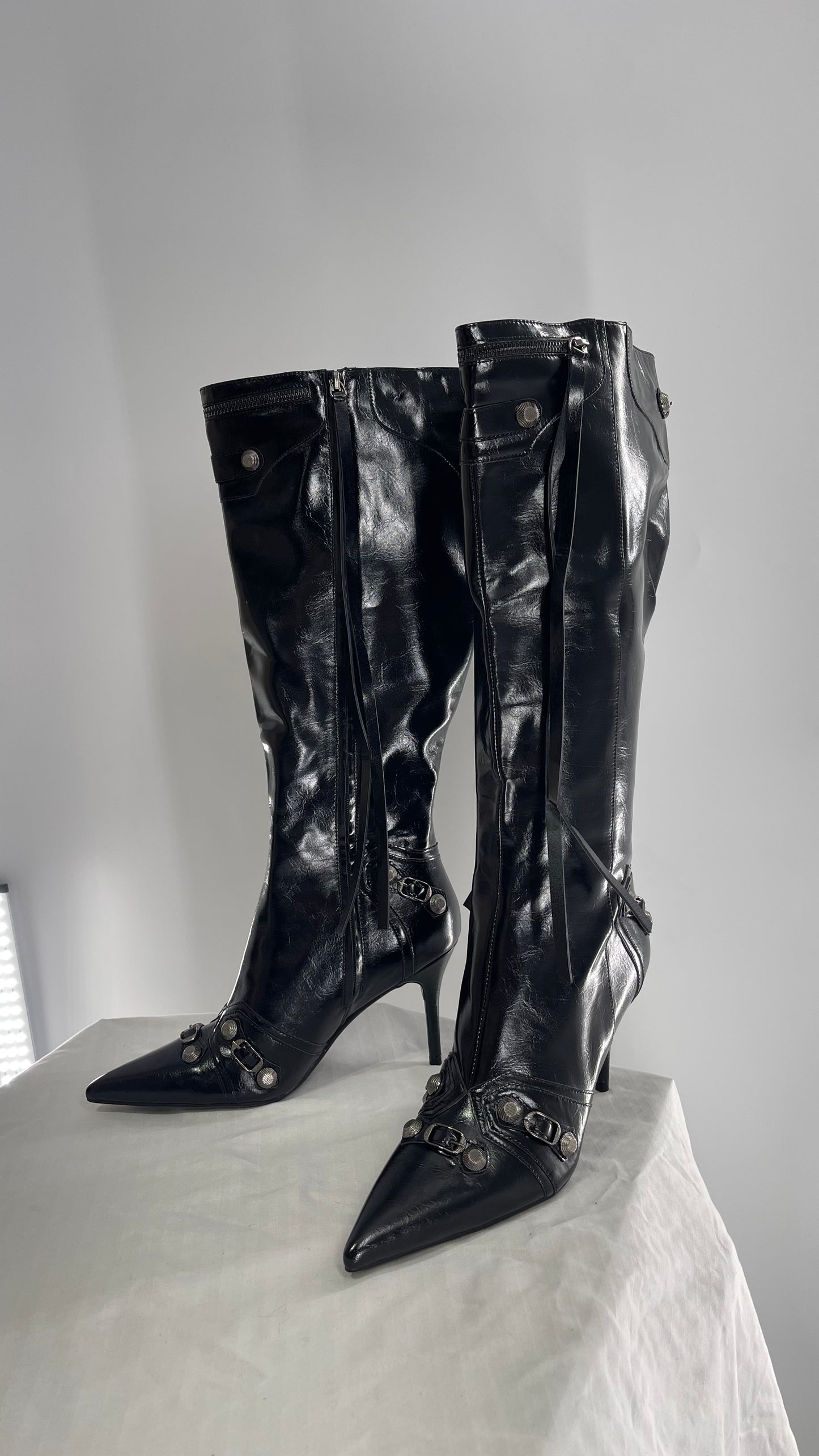 Black Pointed Toe Strappy Heeled Knee High Boots with Metal Hardware Details (10)