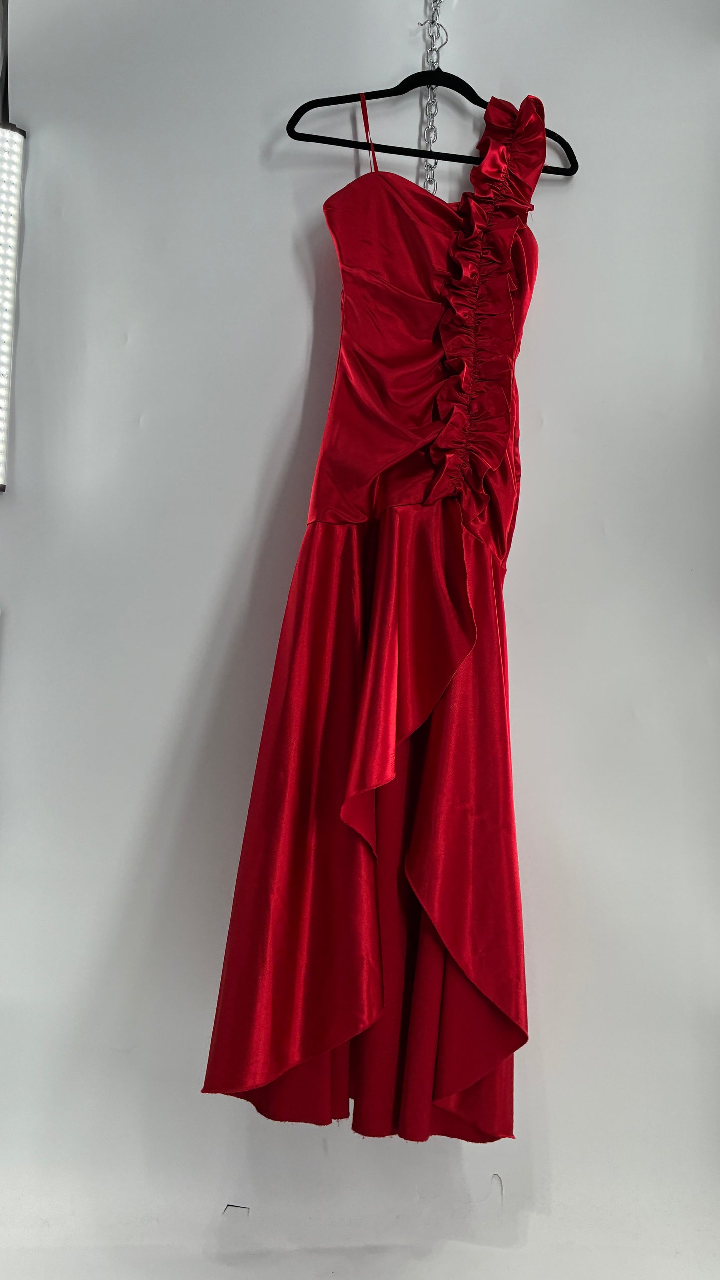 Vintage Ruby Rox Red Full Length One Shoulder Ruched Gown (3)